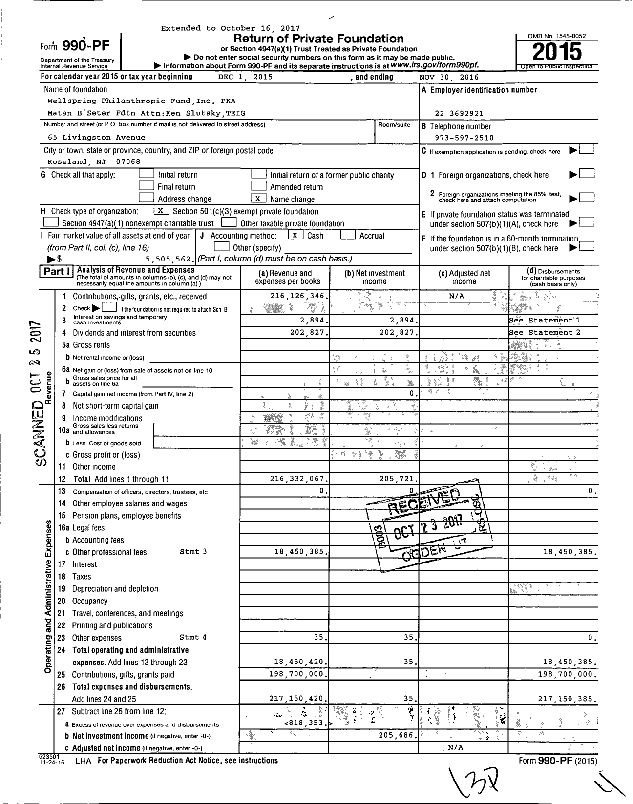 Image of first page of 2015 Form 990PF for Wellspring Philanthropic Fund