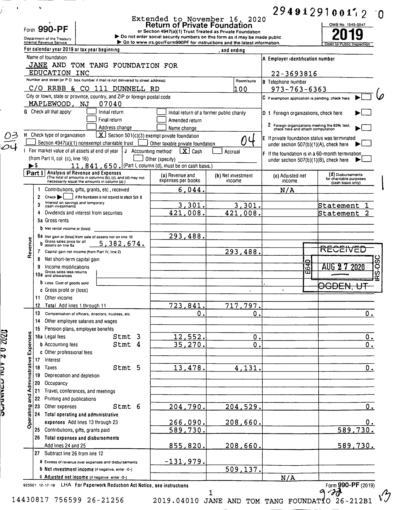 Image of first page of 2019 Form 990PF for Jane and Tom Tang Foundation for Education