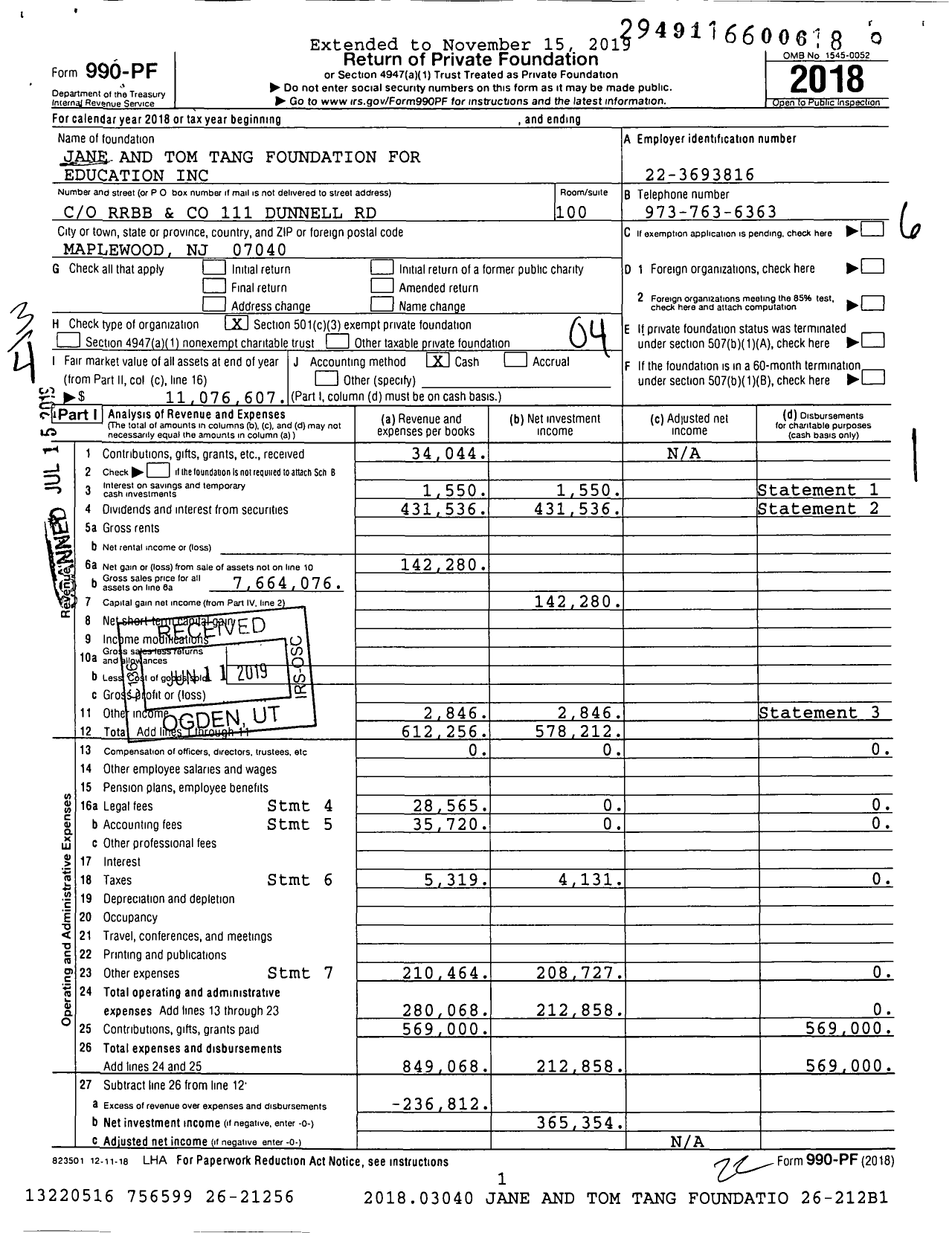 Image of first page of 2018 Form 990PF for Jane and Tom Tang Foundation for Education