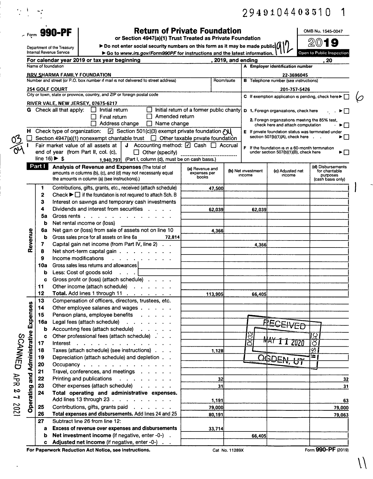 Image of first page of 2019 Form 990PF for BRV Sharma Family Foundation