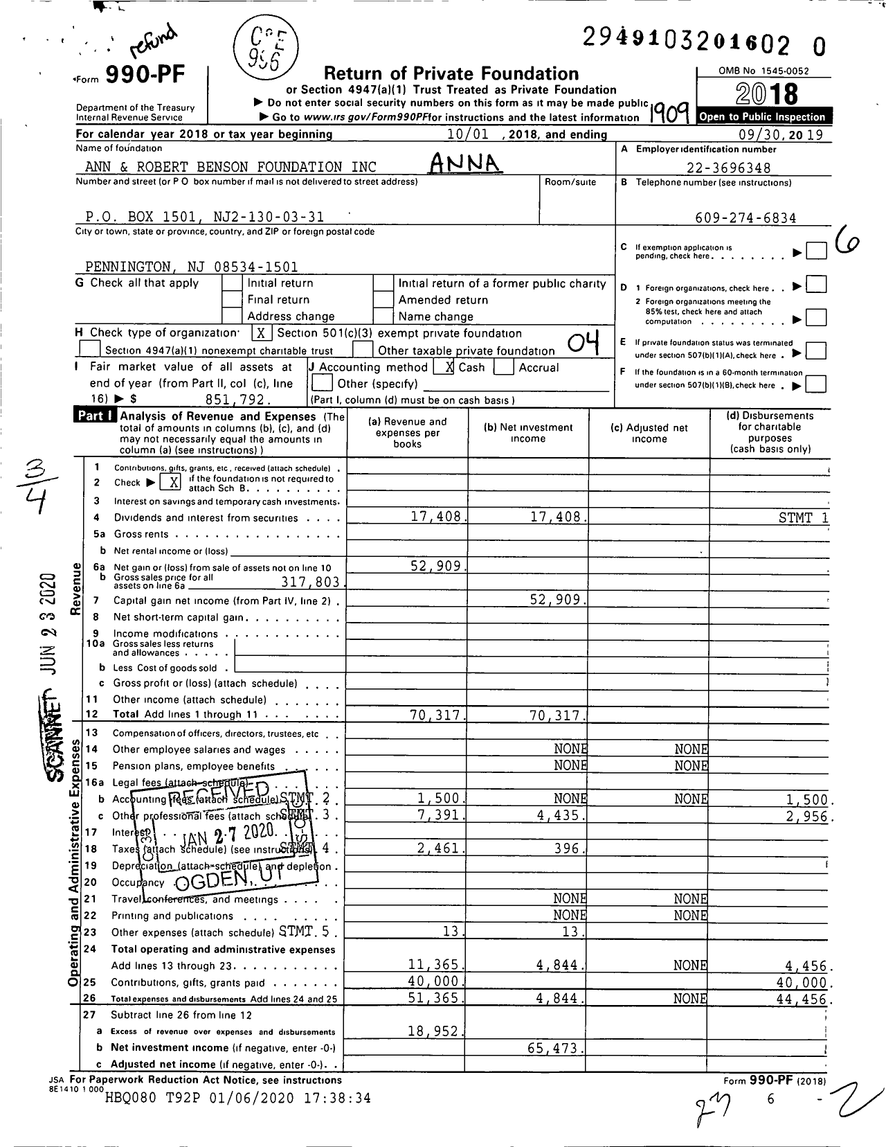 Image of first page of 2018 Form 990PR for Ann and Robert Benson Foundation