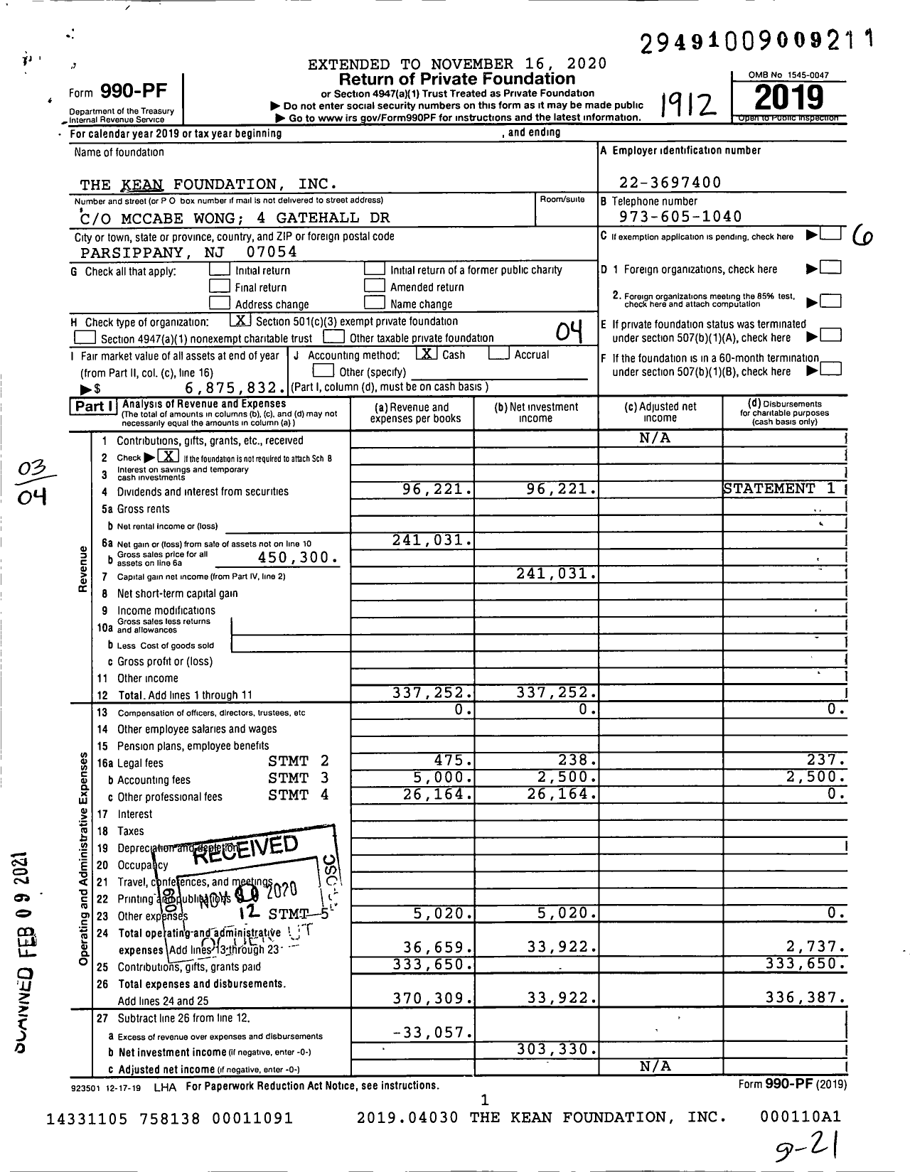 Image of first page of 2019 Form 990PF for The Kean Foundation