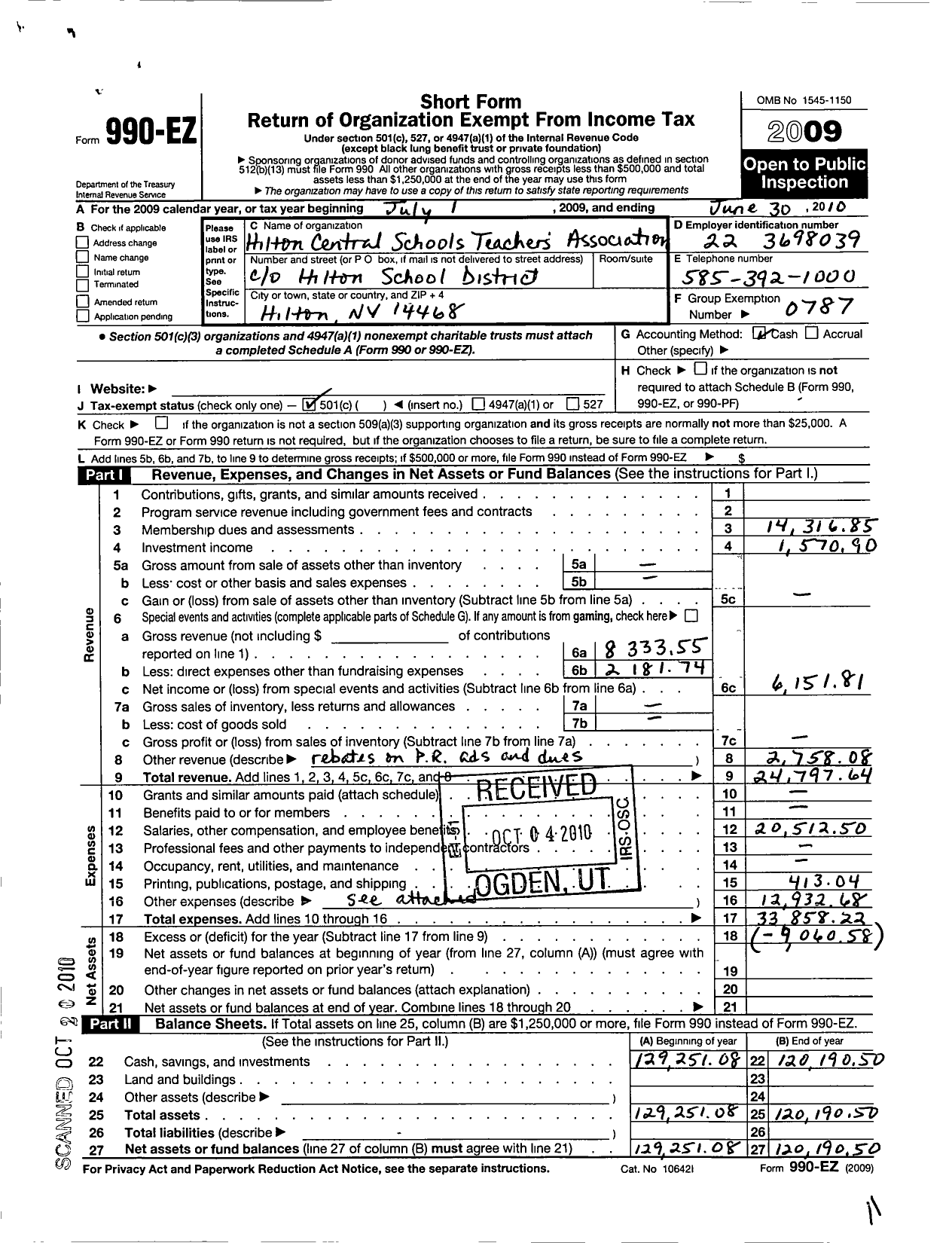 Image of first page of 2009 Form 990EO for American Federation of Teachers - 2727 Hilton Csta