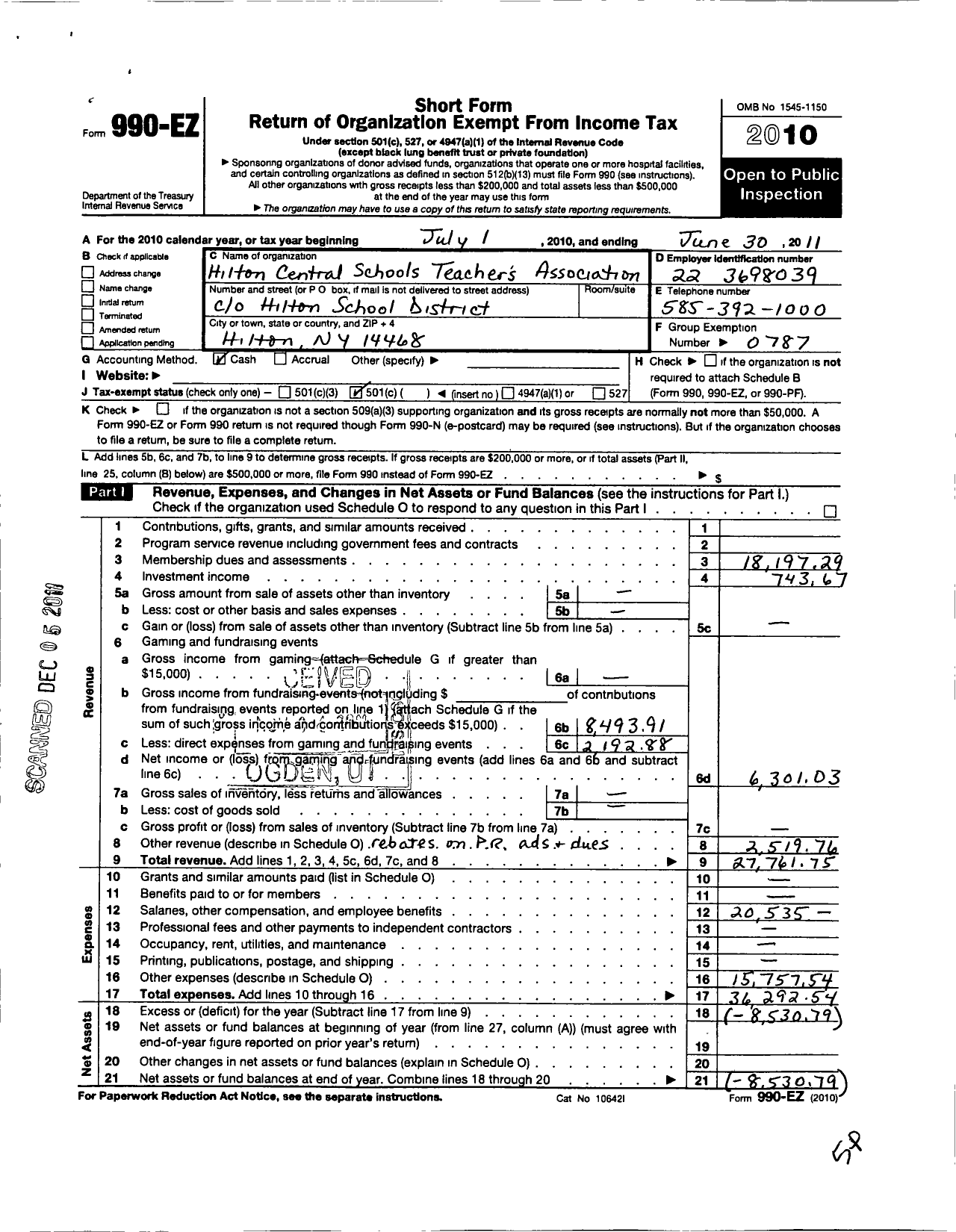 Image of first page of 2010 Form 990EO for American Federation of Teachers - 2727 Hilton Csta