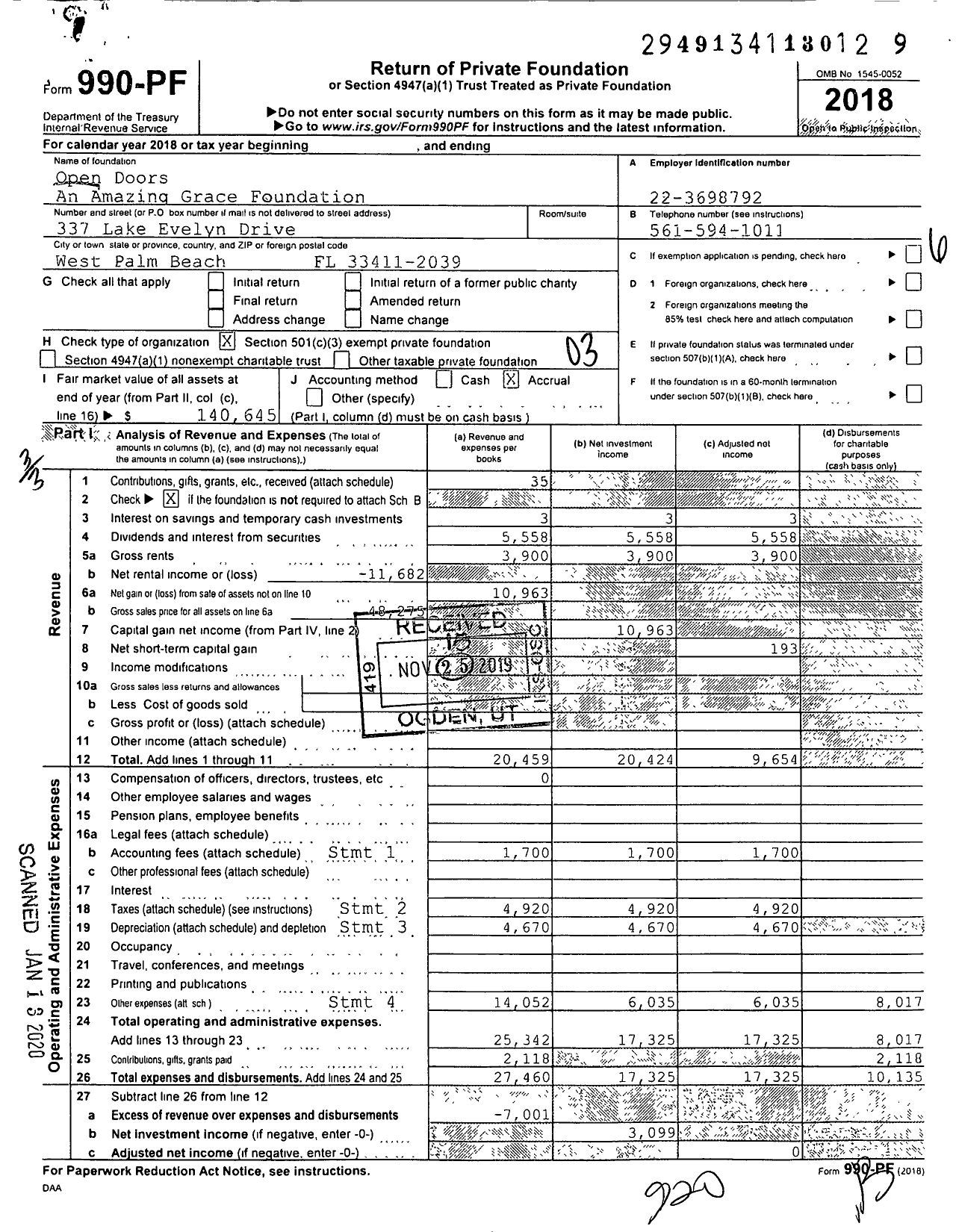 Image of first page of 2018 Form 990PF for Open Doors An Amazing Grace Foundation