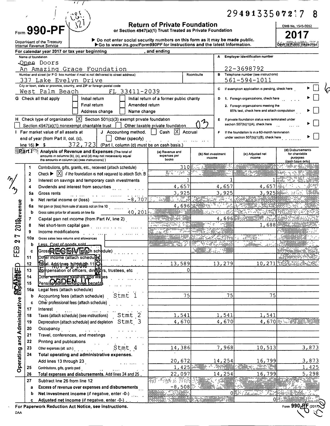 Image of first page of 2017 Form 990PF for Open Doors An Amazing Grace Foundation