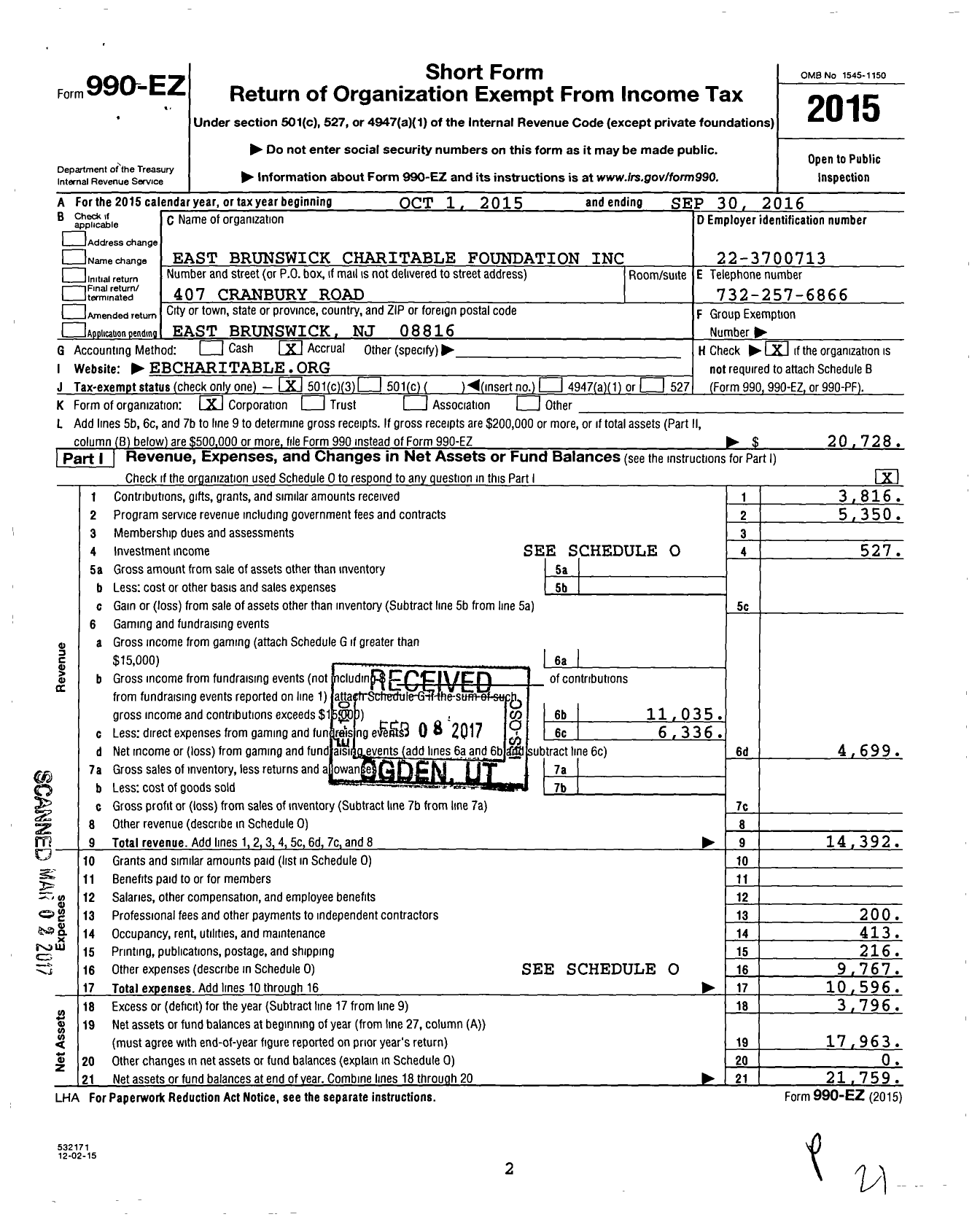 Image of first page of 2015 Form 990EZ for East Brunswick Charitable Foundation