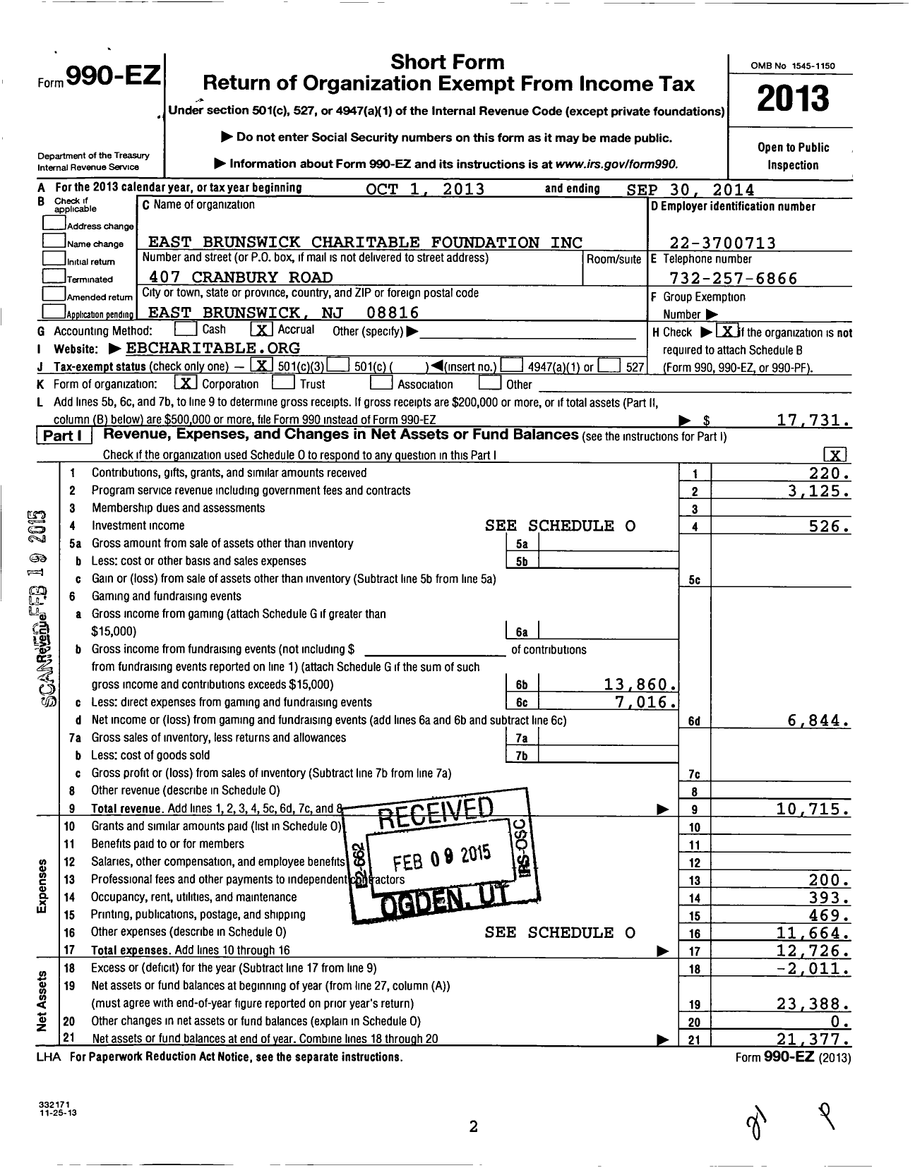 Image of first page of 2013 Form 990EZ for East Brunswick Charitable Foundation