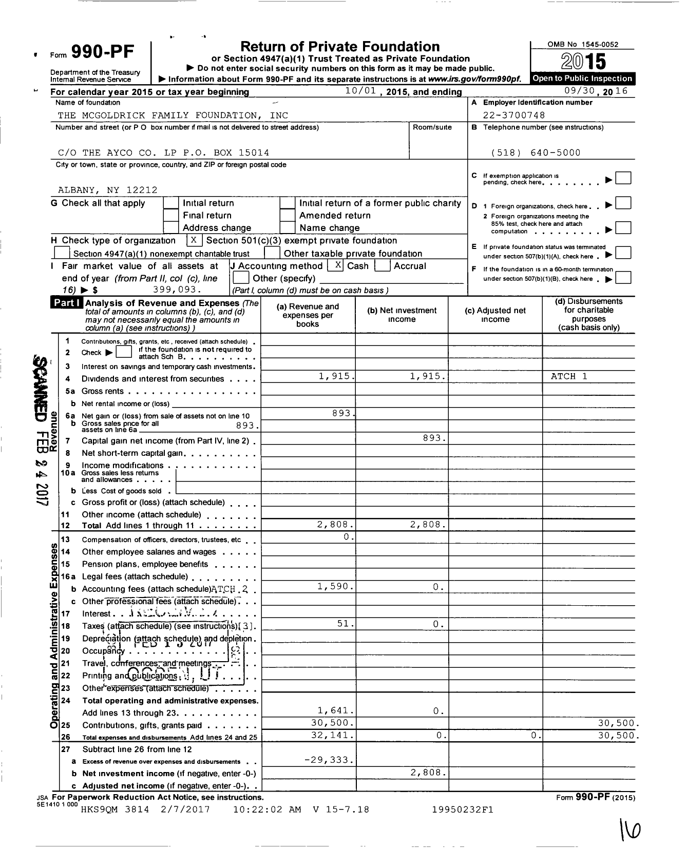 Image of first page of 2015 Form 990PF for The McGoldrick Family Foundation
