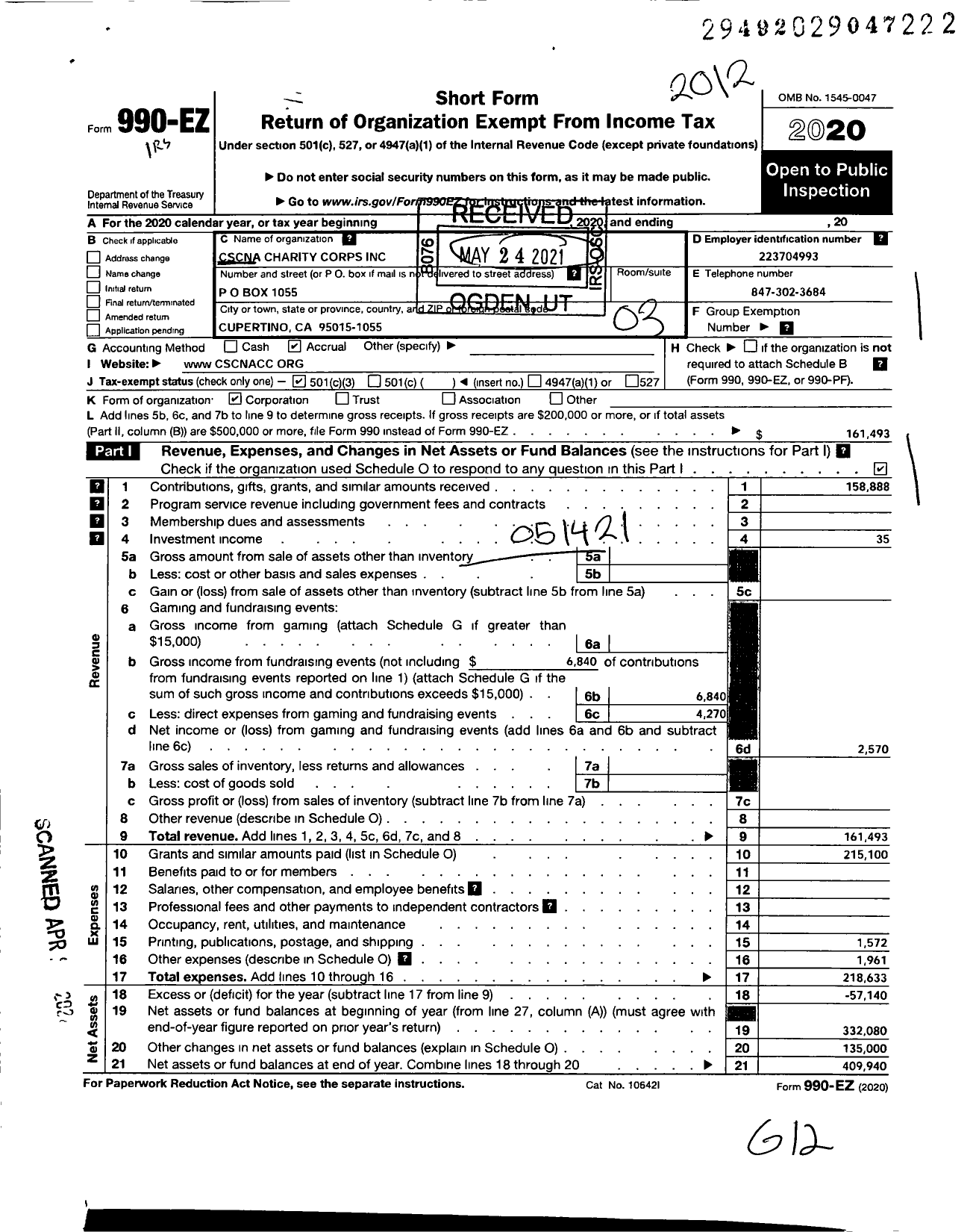 Image of first page of 2020 Form 990EZ for Cscna Charity Corps