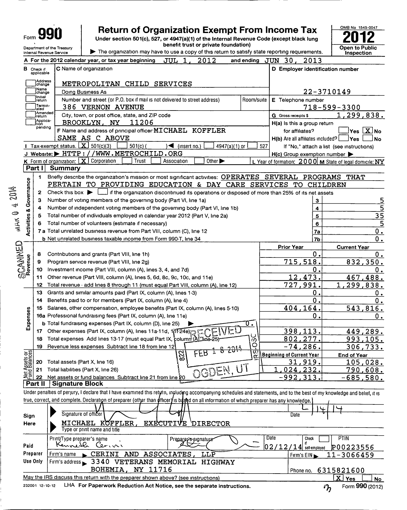 Image of first page of 2012 Form 990 for Metropolitan Child Services