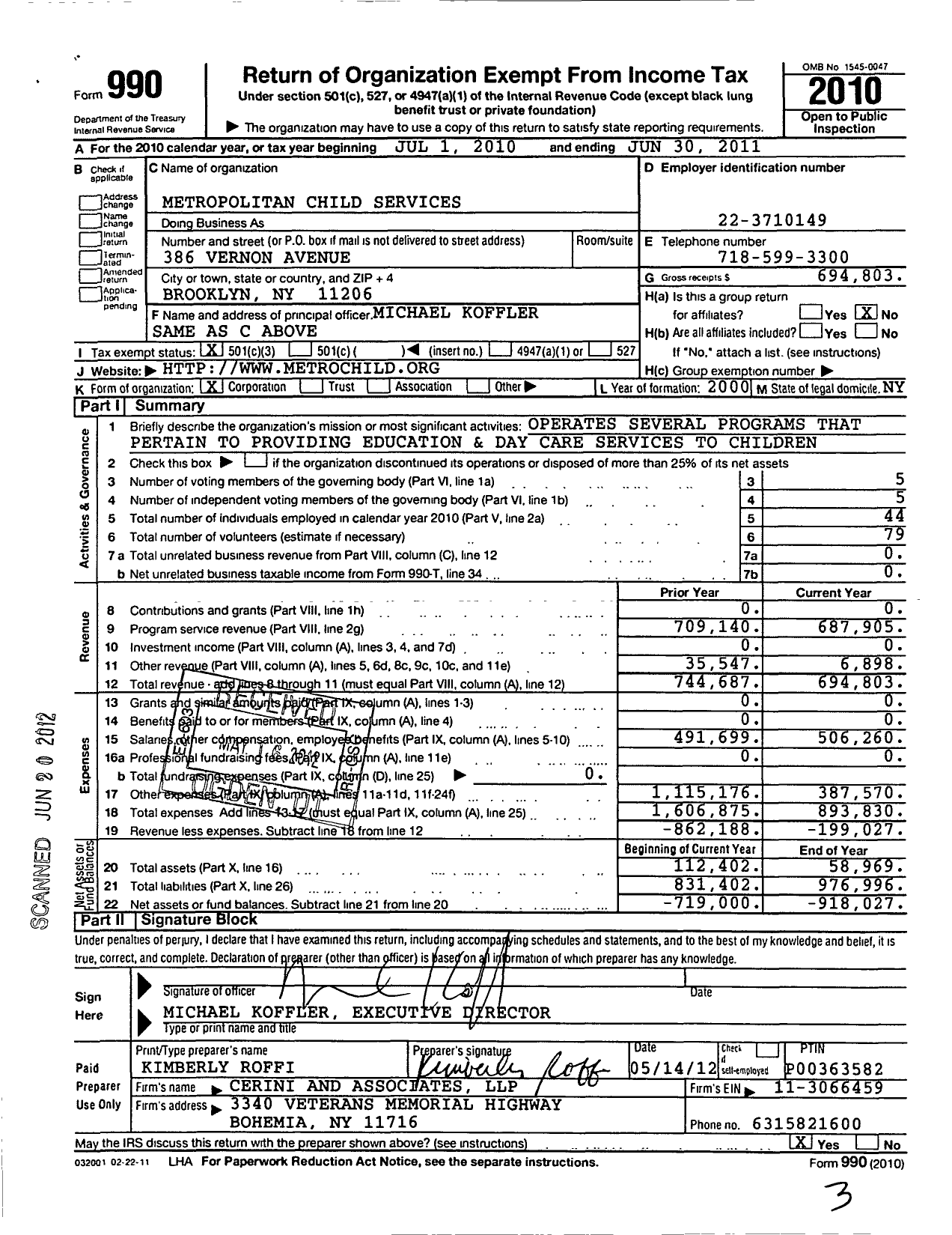 Image of first page of 2010 Form 990 for Metropolitan Child Services