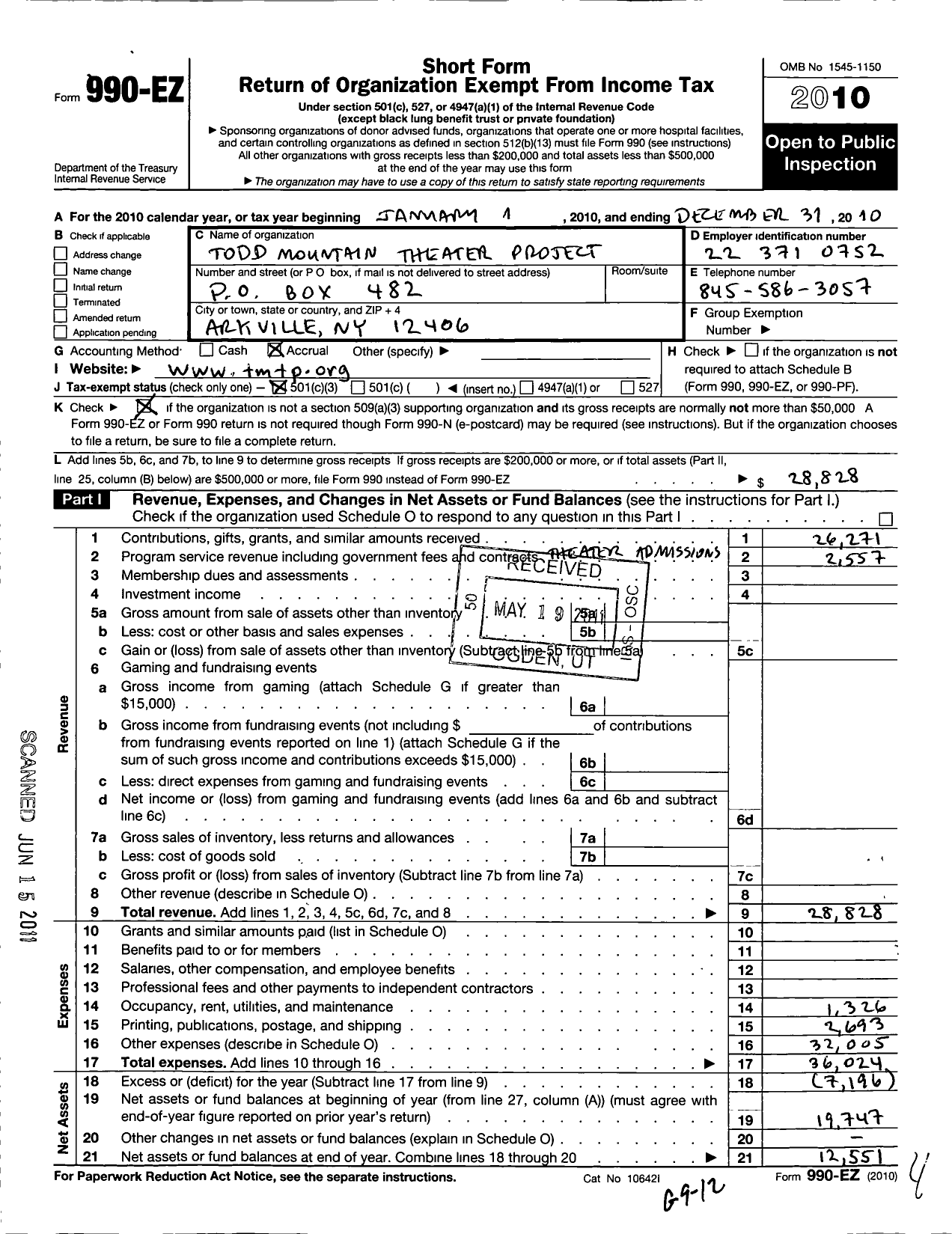 Image of first page of 2010 Form 990EZ for Todd Mountain Theater Project