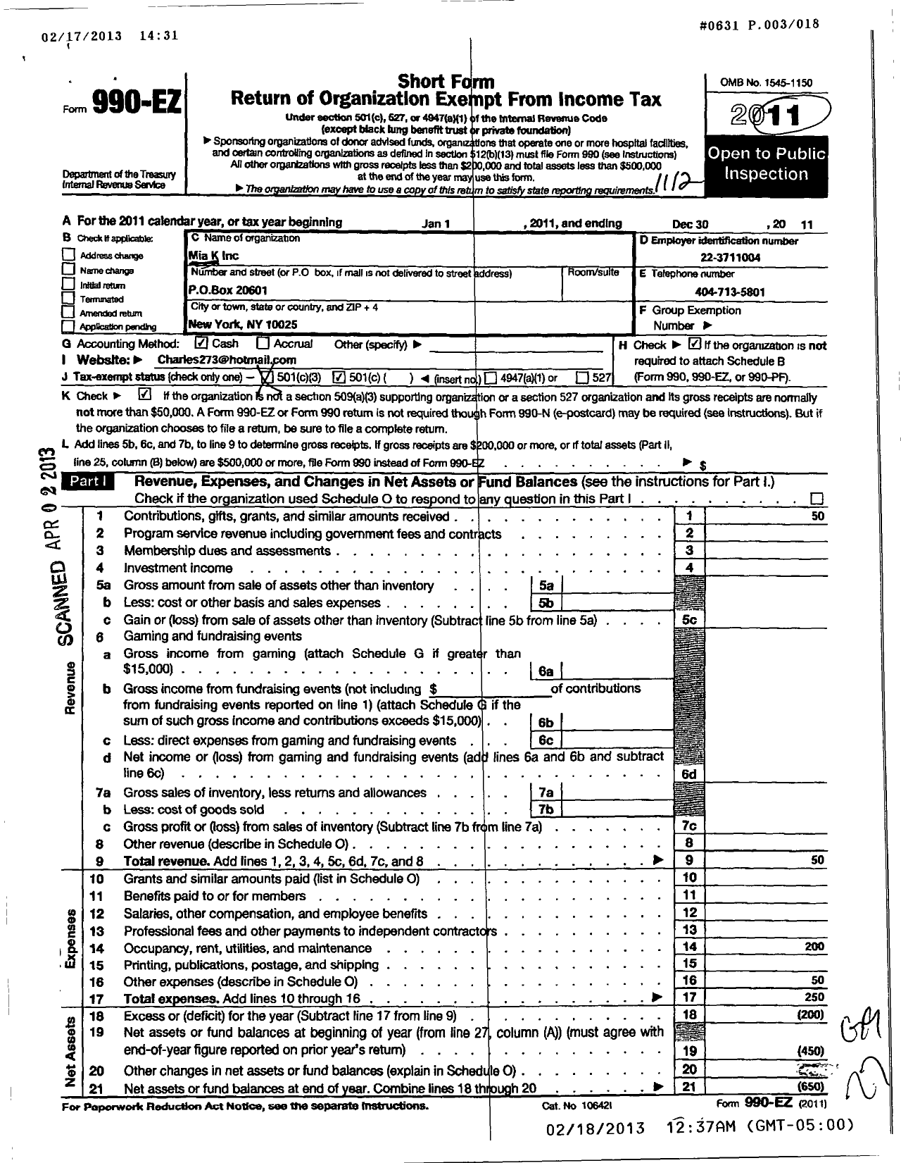 Image of first page of 2011 Form 990EZ for Mia K