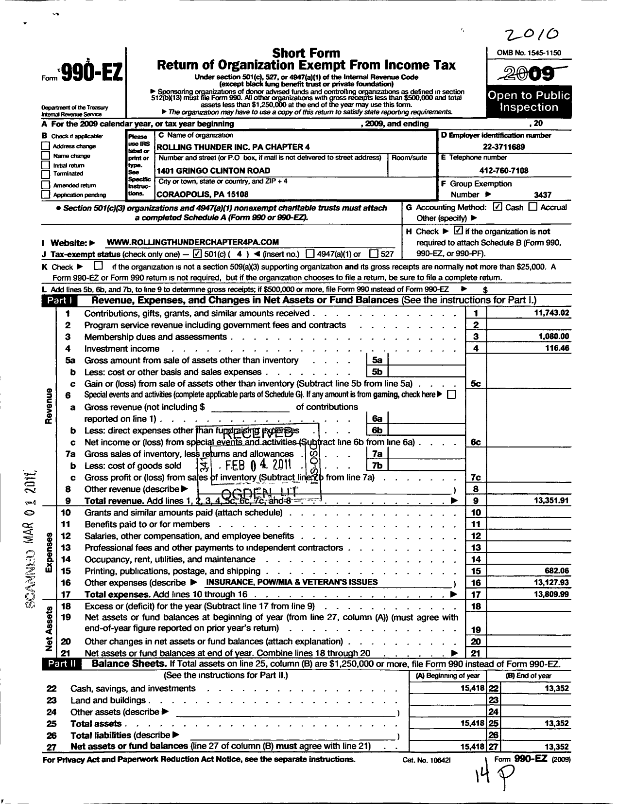 Image of first page of 2010 Form 990EO for Rolling Thunder - R T Chap 4 Pa