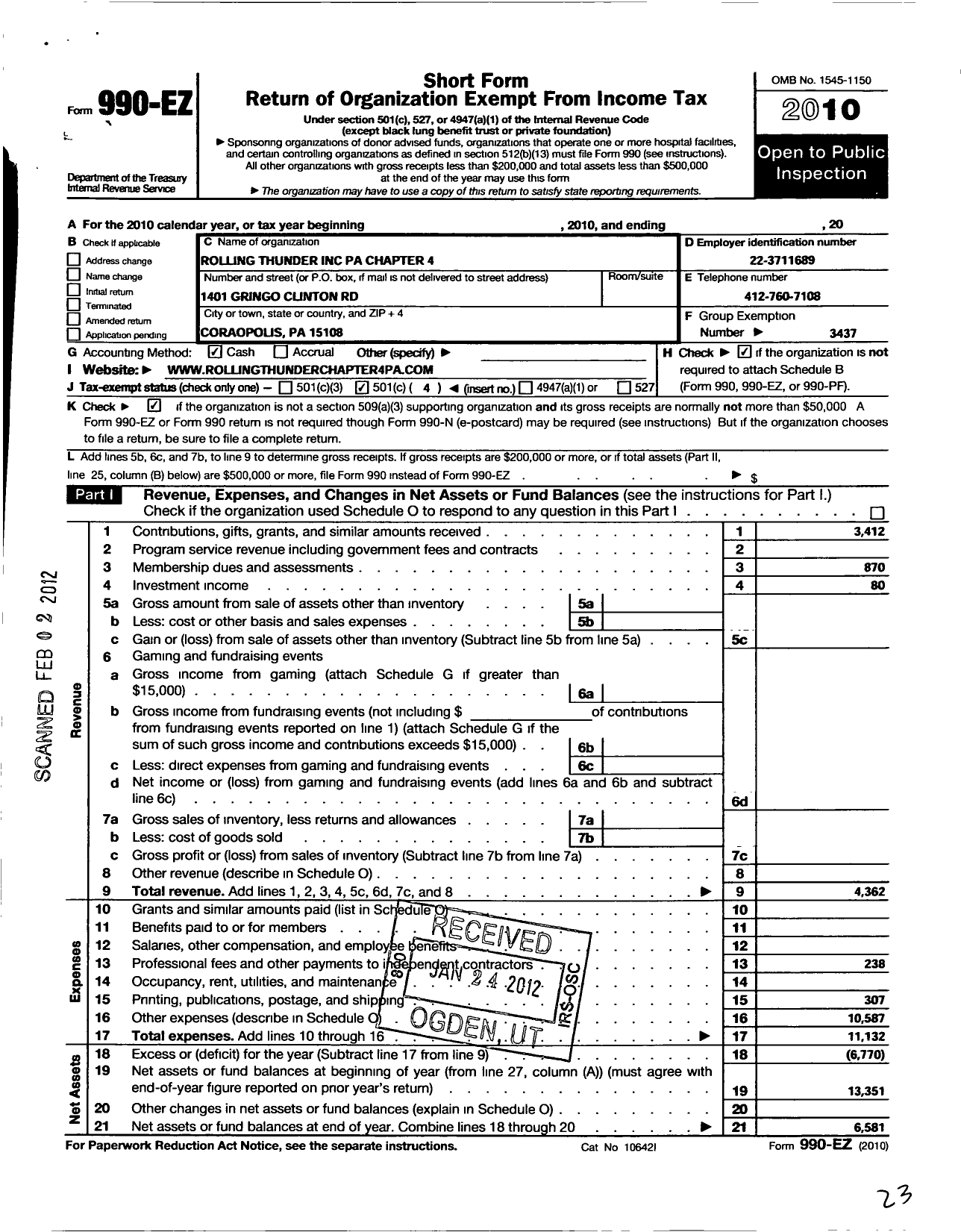 Image of first page of 2010 Form 990EO for Rolling Thunder - R T Chap 4 Pa