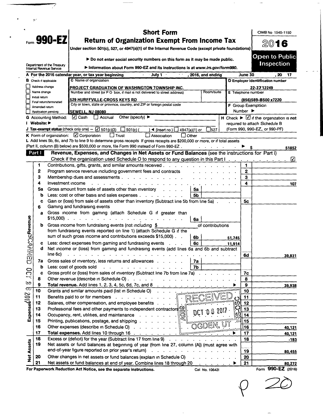 Image of first page of 2016 Form 990EZ for Project Graduation of Washington Township