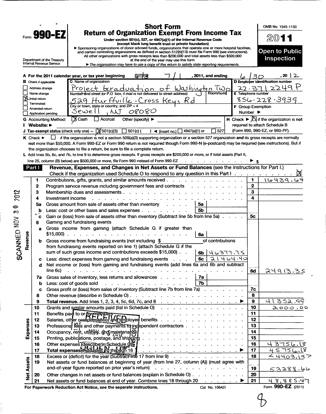 Image of first page of 2011 Form 990EZ for Project Graduation of Washington Township