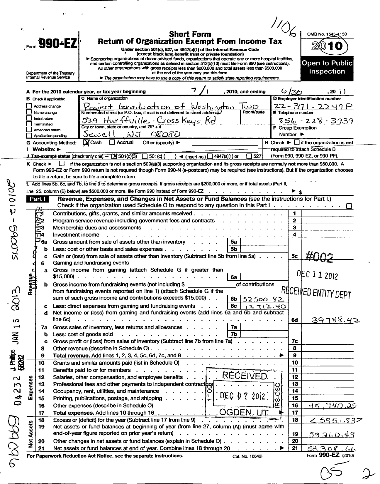 Image of first page of 2010 Form 990EZ for Project Graduation of Washington Township