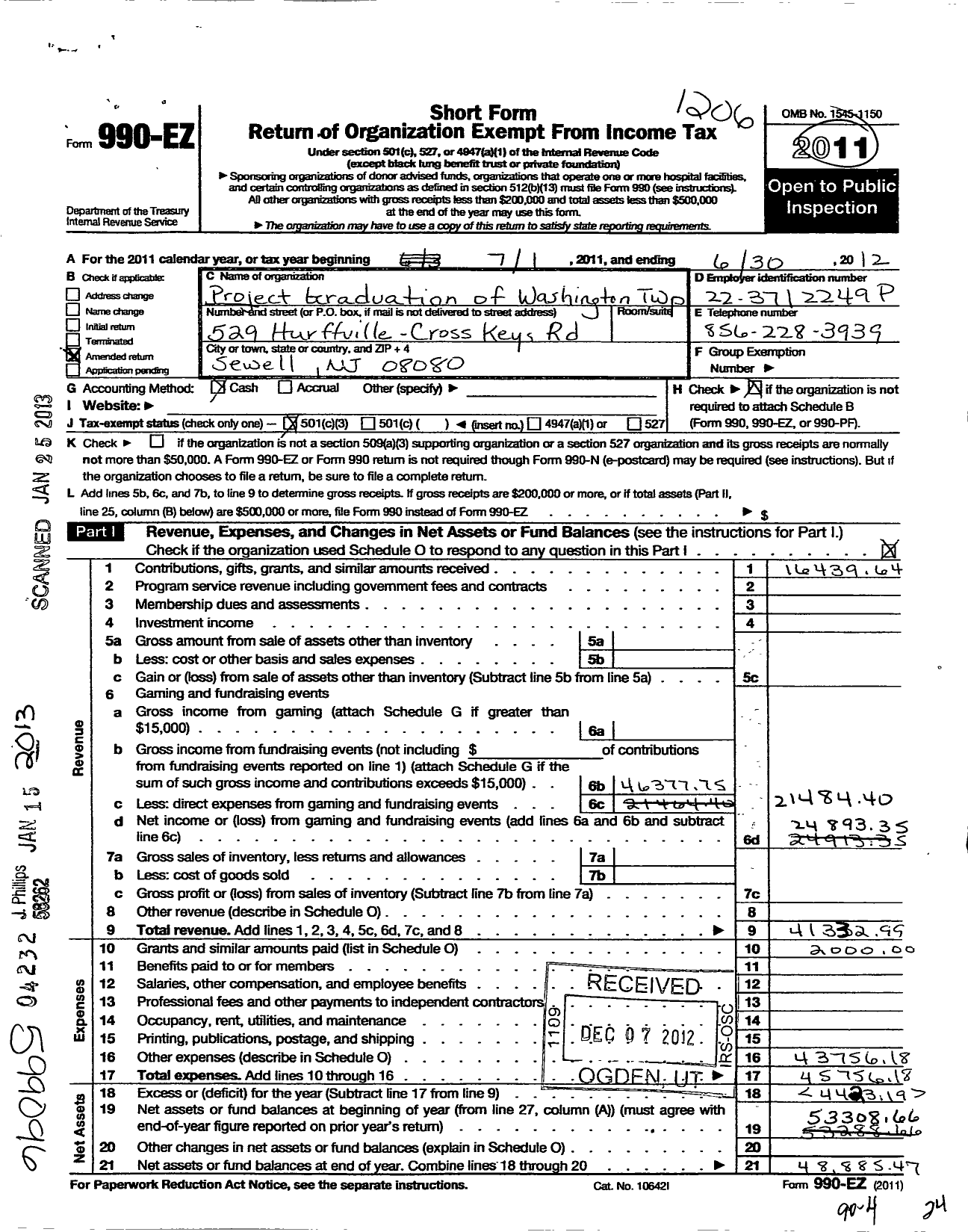 Image of first page of 2011 Form 990EZ for Project Graduation of Washington Township