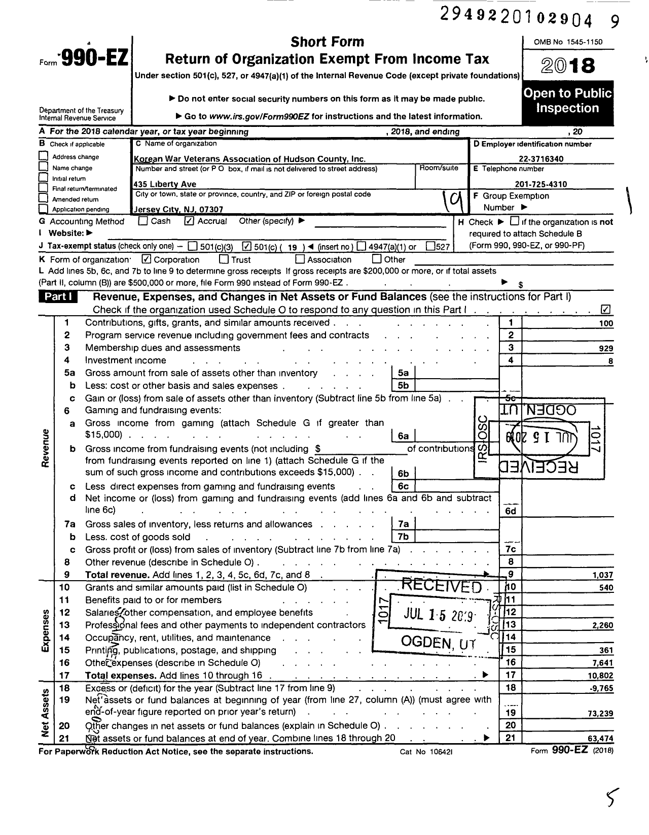 Image of first page of 2018 Form 990EO for Korean War Veterans Association of Hudson County