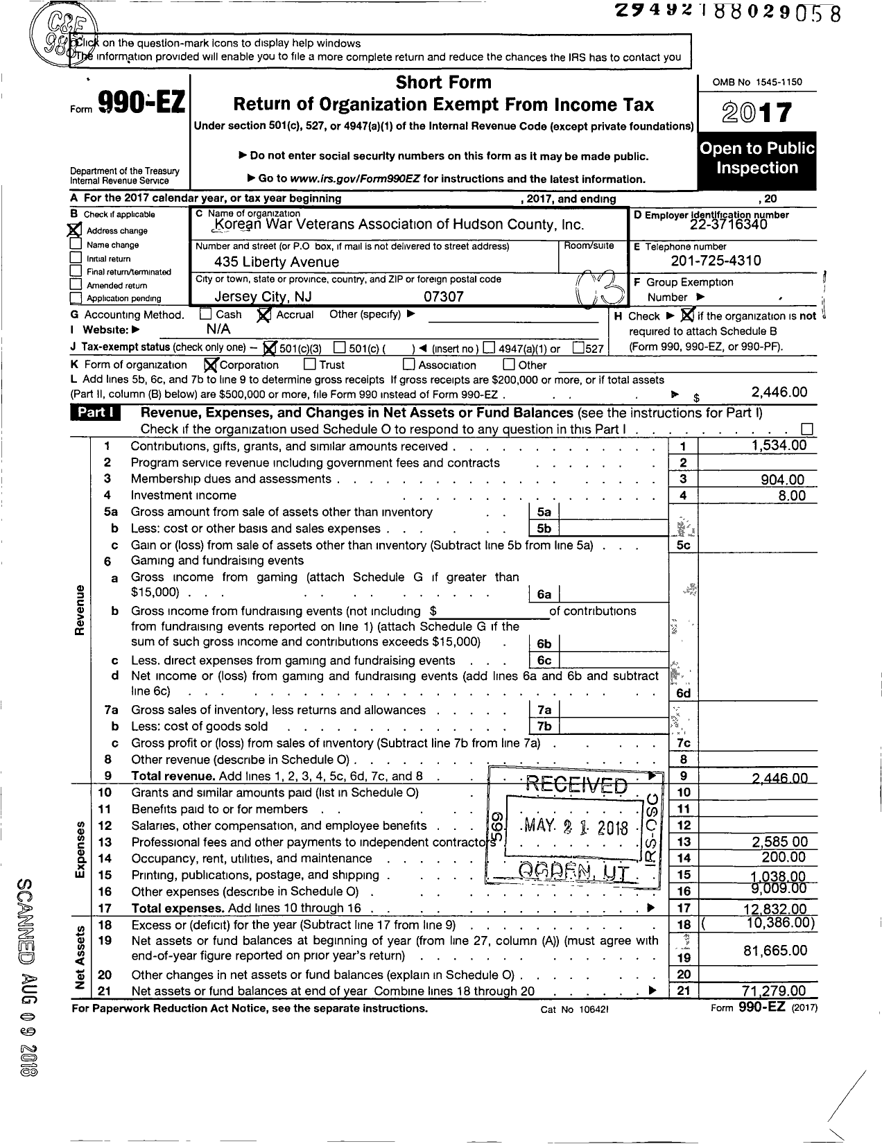 Image of first page of 2017 Form 990EZ for Korean War Veterans Association of Hudson County