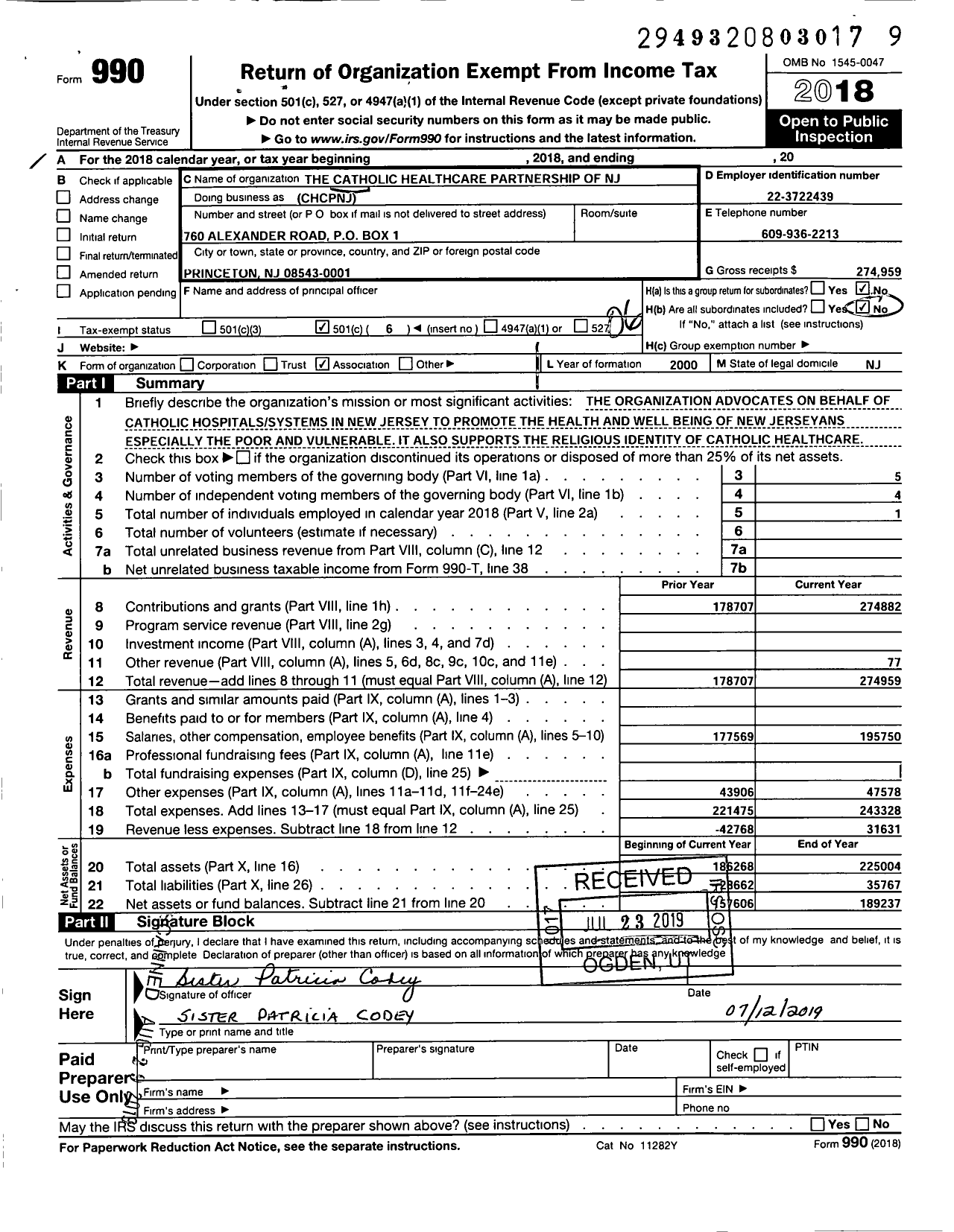 Image of first page of 2018 Form 990O for Catholic Healthcare Partnership of New Jersey (CHCPNJ)