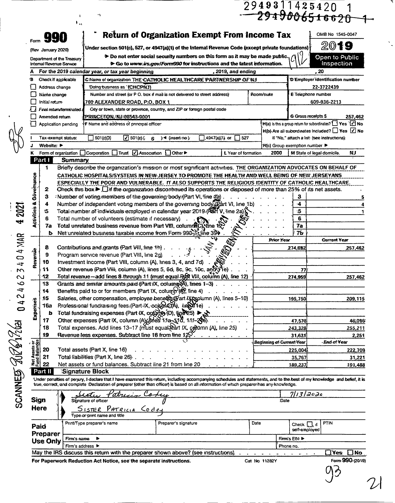 Image of first page of 2019 Form 990O for Catholic Healthcare Partnership of New Jersey (CHCPNJ)