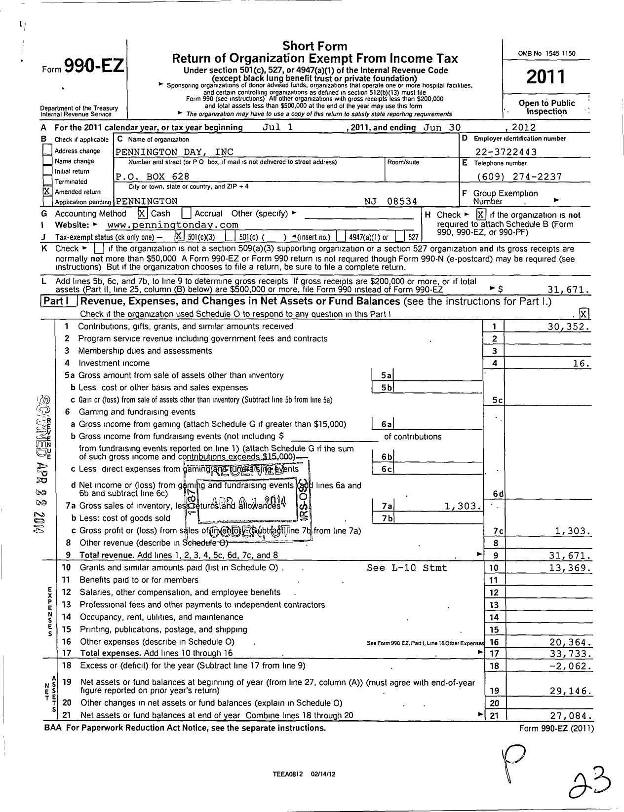 Image of first page of 2011 Form 990EZ for Pennington Day