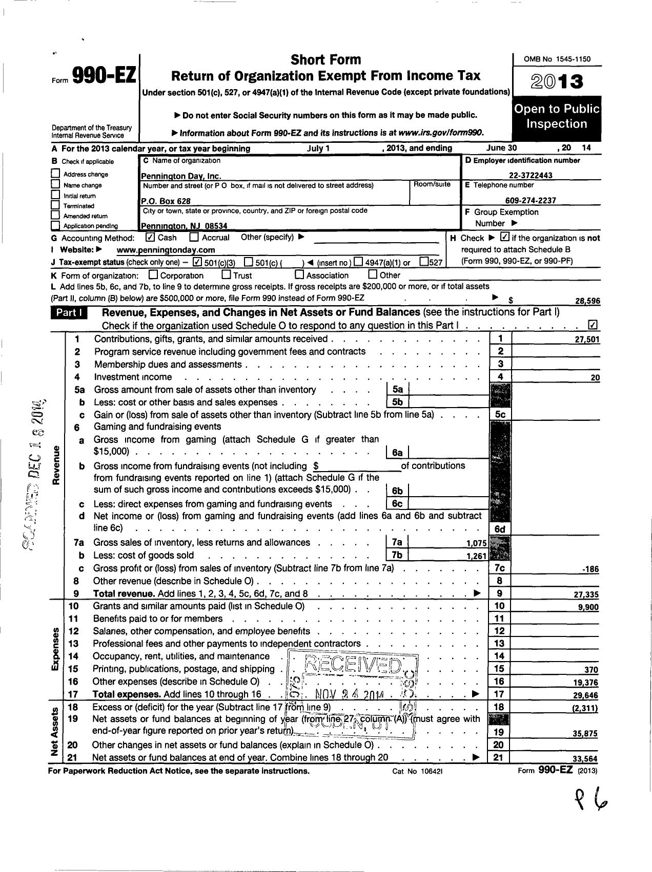 Image of first page of 2013 Form 990EZ for Pennington Day