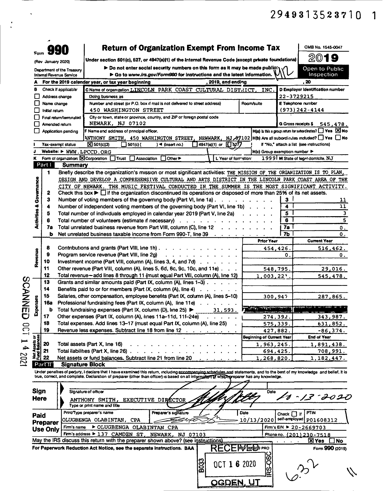 Image of first page of 2019 Form 990 for Lincoln Park Coast Cultural District