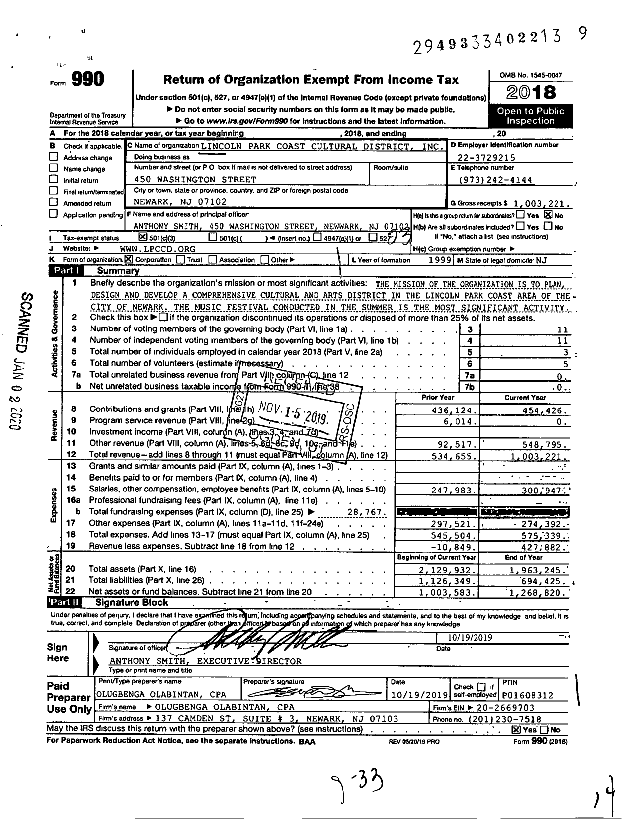 Image of first page of 2018 Form 990 for Lincoln Park Coast Cultural District