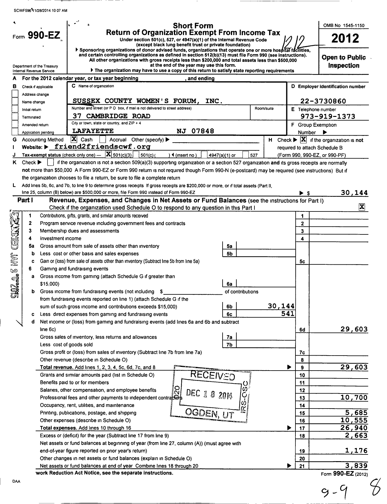 Image of first page of 2012 Form 990EZ for Sussex County Womens Forum