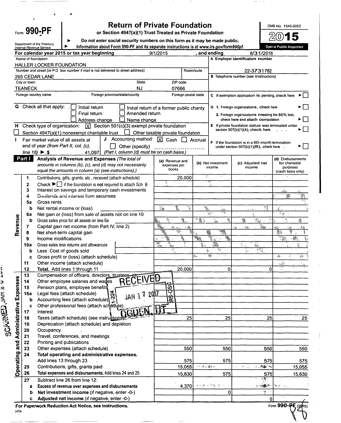 Image of first page of 2015 Form 990PF for Haller Locker Foundation