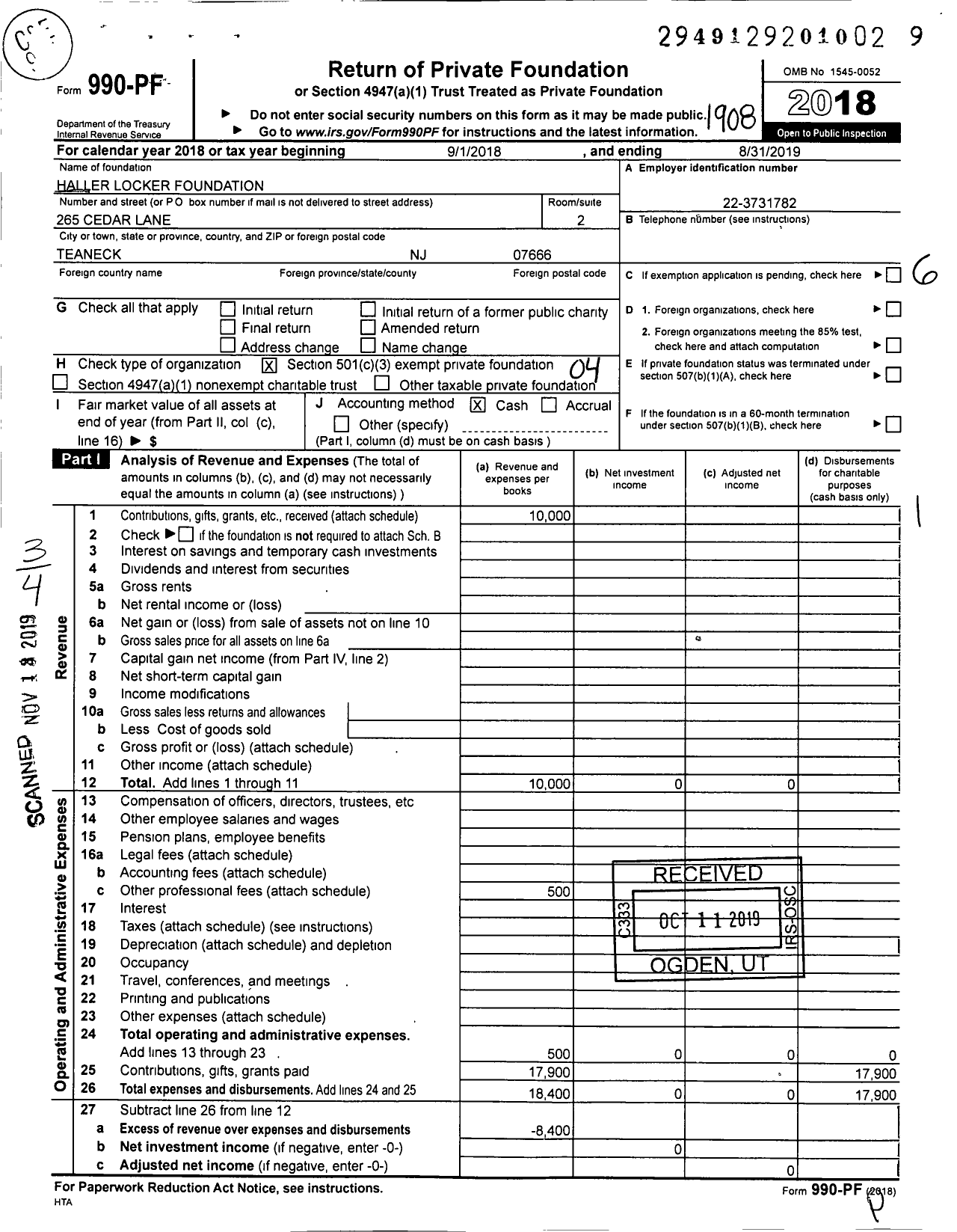 Image of first page of 2018 Form 990PF for Haller Locker Foundation