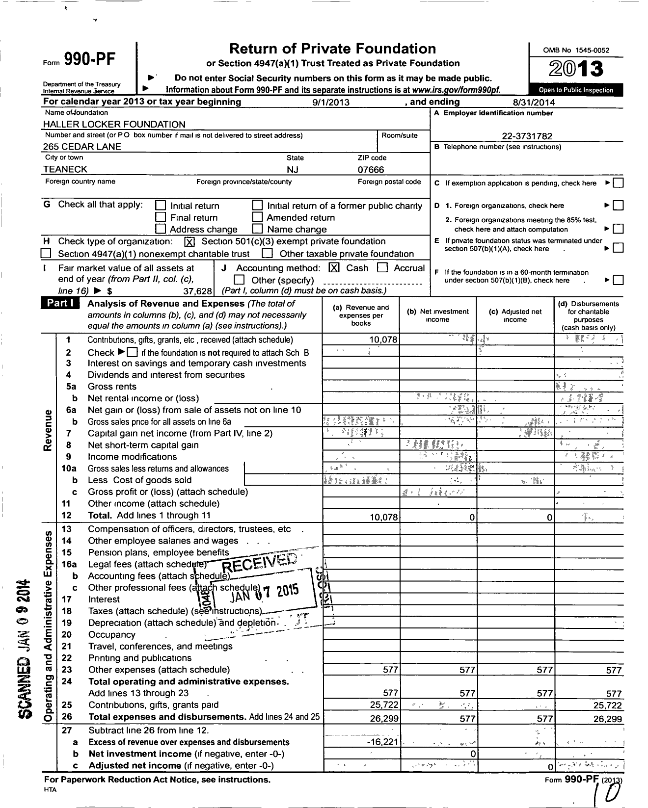 Image of first page of 2013 Form 990PF for Haller Locker Foundation