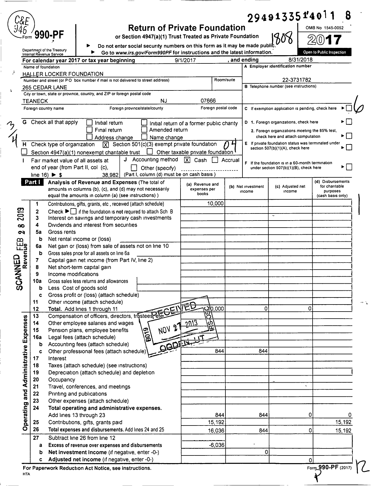 Image of first page of 2017 Form 990PF for Haller Locker Foundation