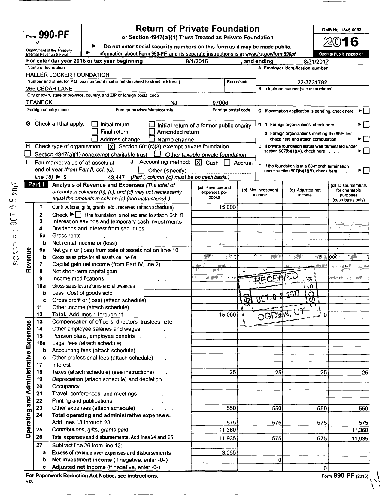 Image of first page of 2016 Form 990PF for Haller Locker Foundation