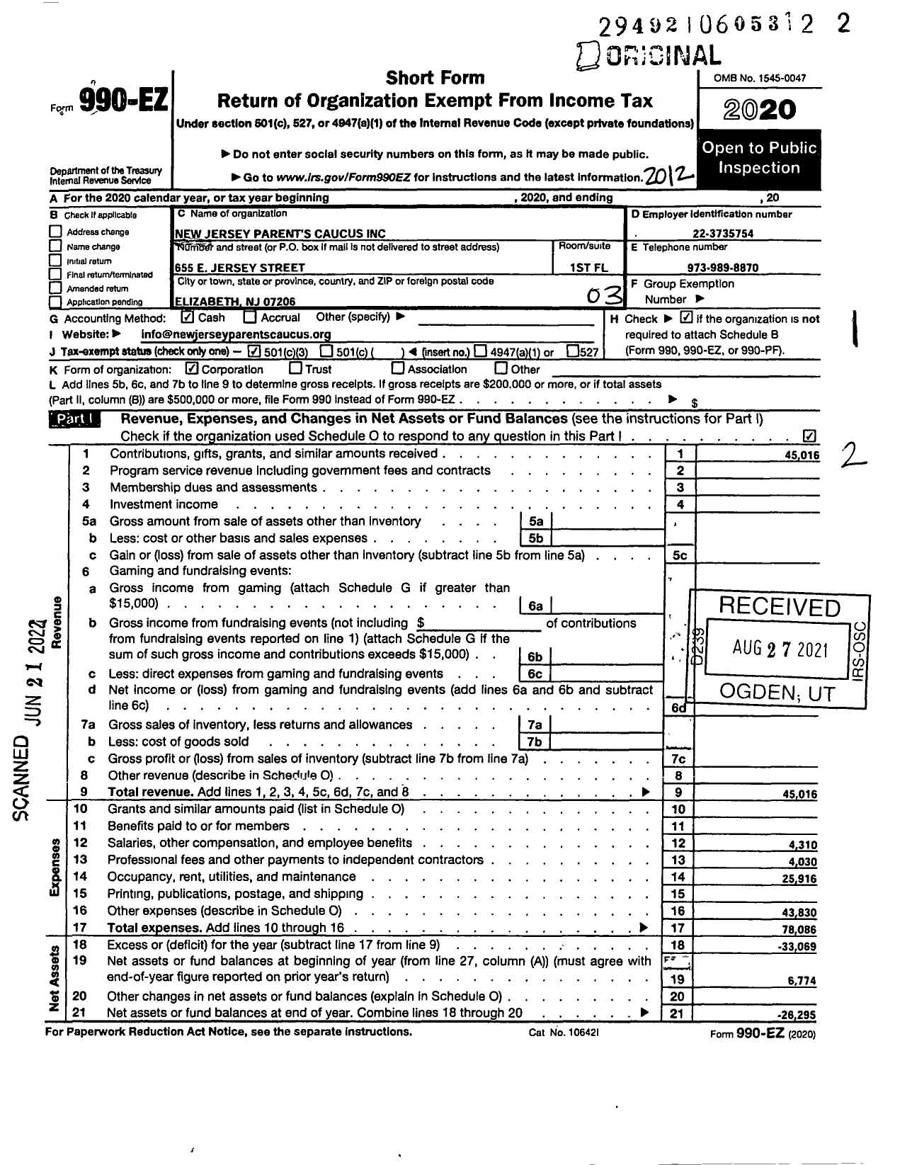 Image of first page of 2020 Form 990EZ for New Jersey Parents Caucus