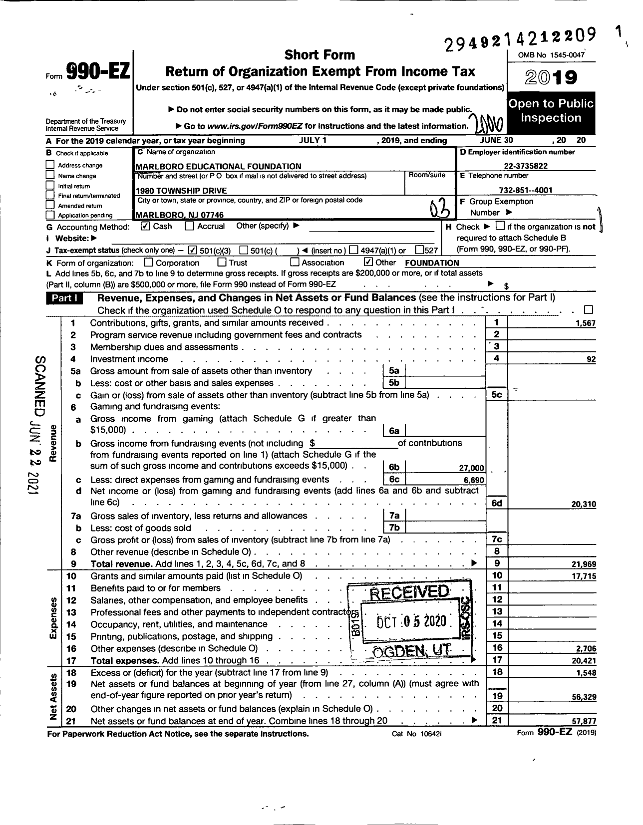 Image of first page of 2019 Form 990EZ for Marlboro Educational Foundation