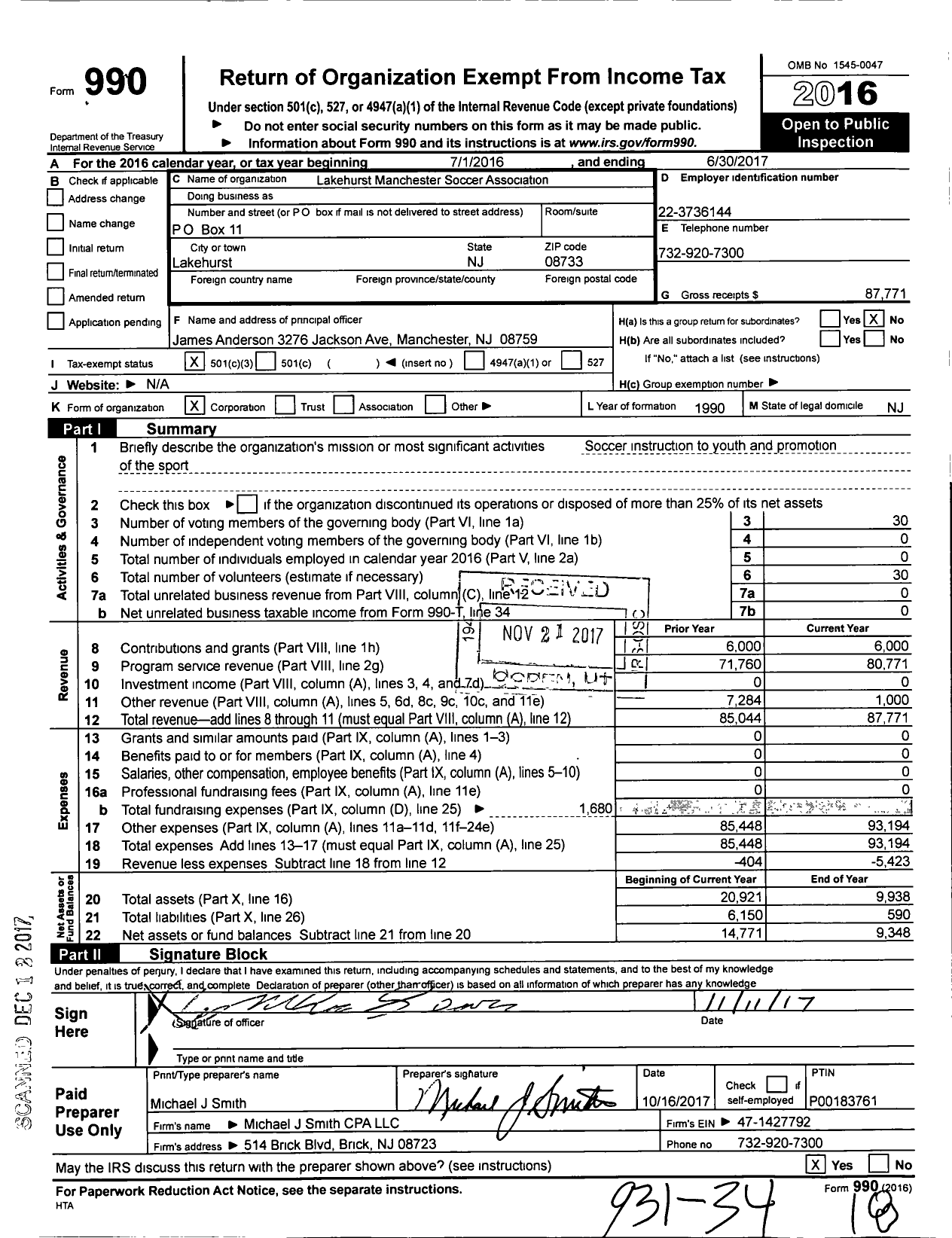 Image of first page of 2016 Form 990 for Manchester Soccer Association