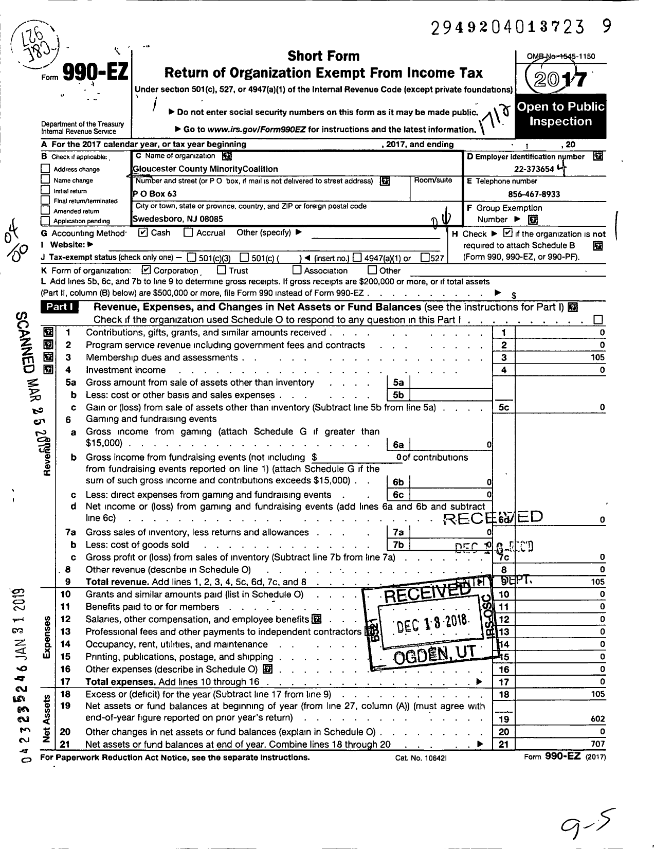 Image of first page of 2017 Form 990EO for Gloucester County Minority Coalition