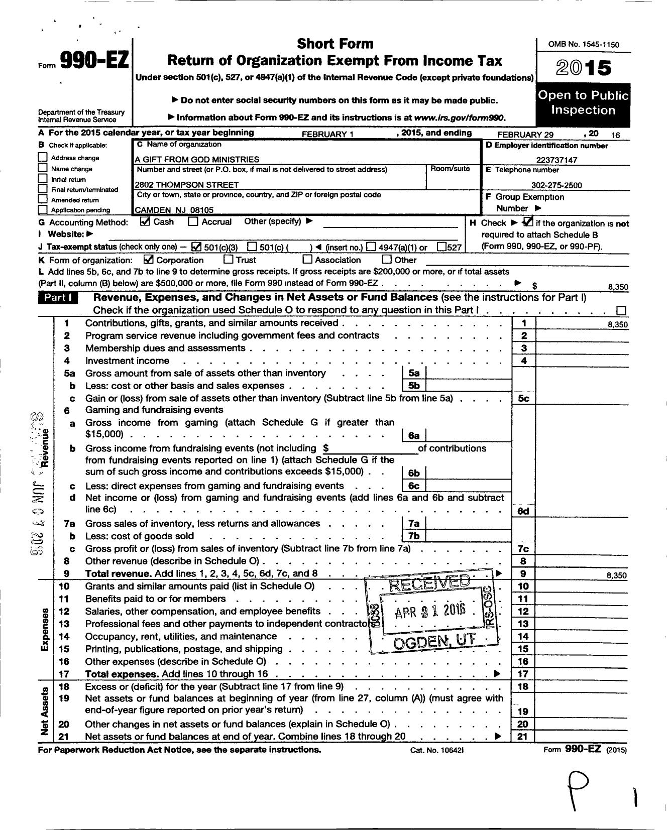 Image of first page of 2015 Form 990EZ for A Gift From God Ministries