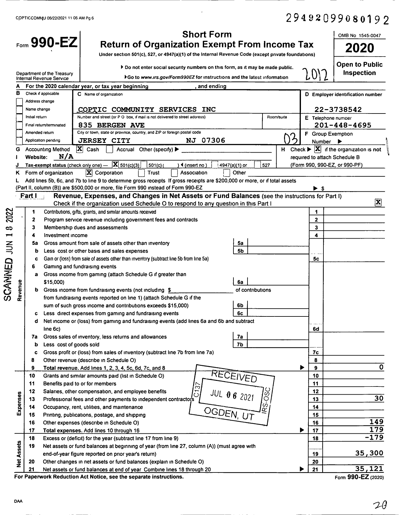 Image of first page of 2020 Form 990EZ for Coptic Community Services