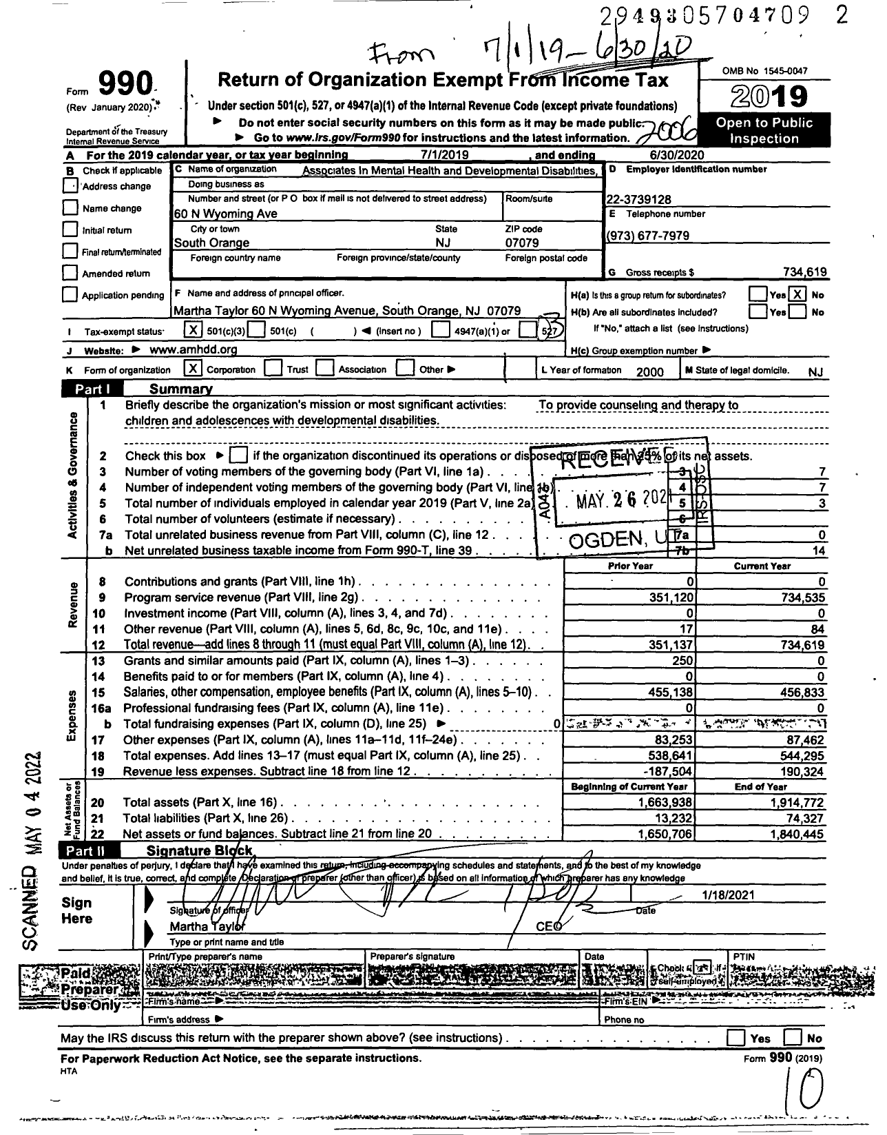 Image of first page of 2019 Form 990 for Associates in Mental Health and Developmental Disabilities