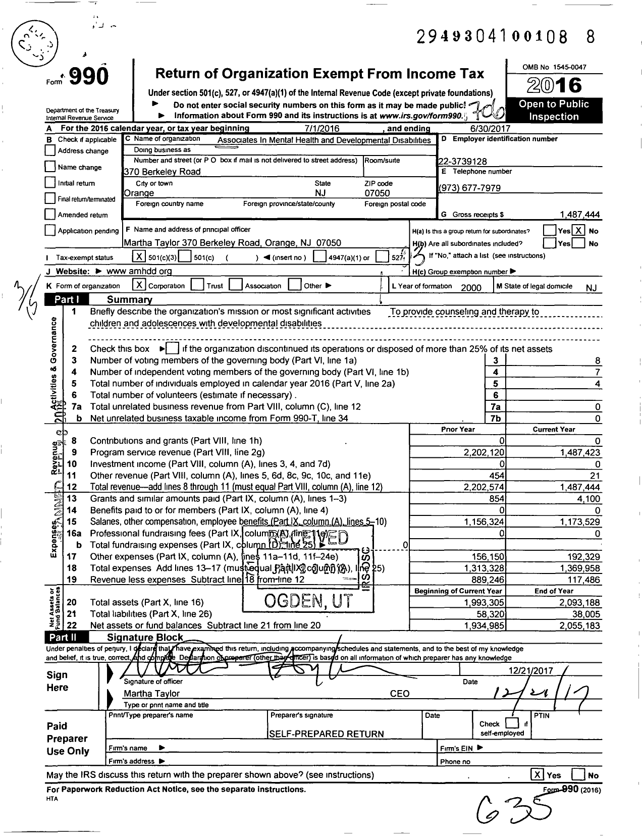 Image of first page of 2016 Form 990 for Associates in Mental Health and Developmental Disabilities