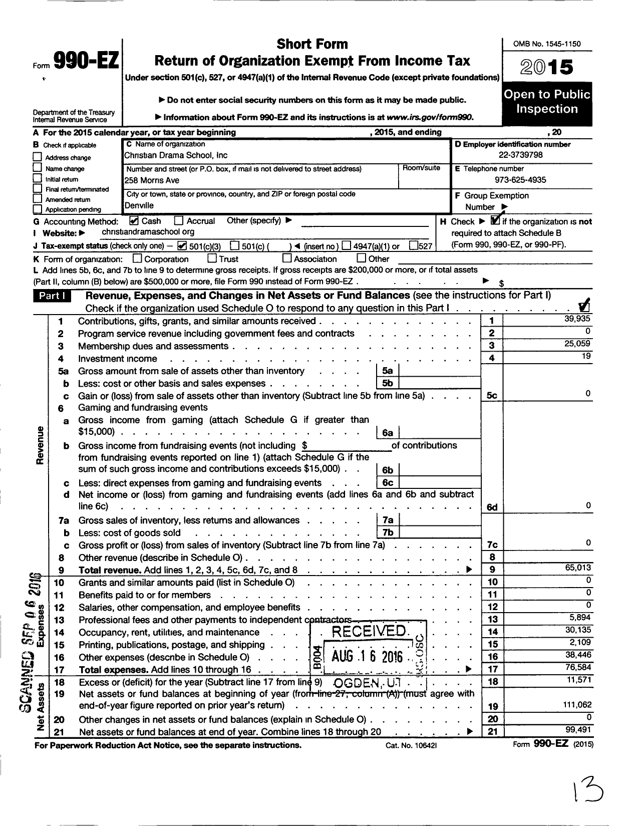 Image of first page of 2015 Form 990EZ for Christian Drama School