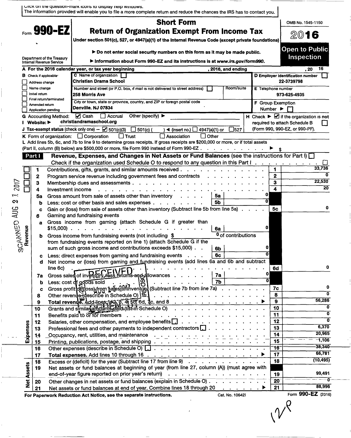 Image of first page of 2016 Form 990EZ for Christian Drama School