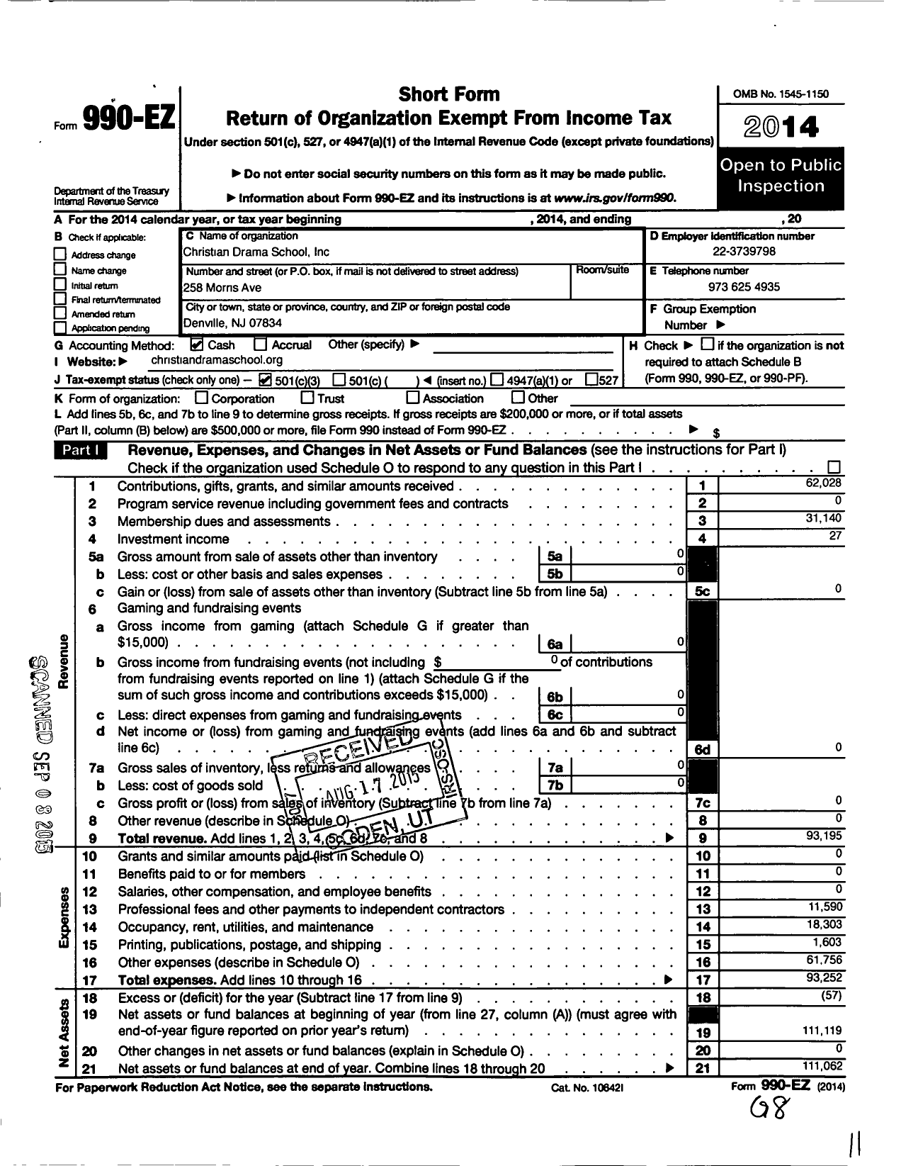 Image of first page of 2014 Form 990EZ for Christian Drama School