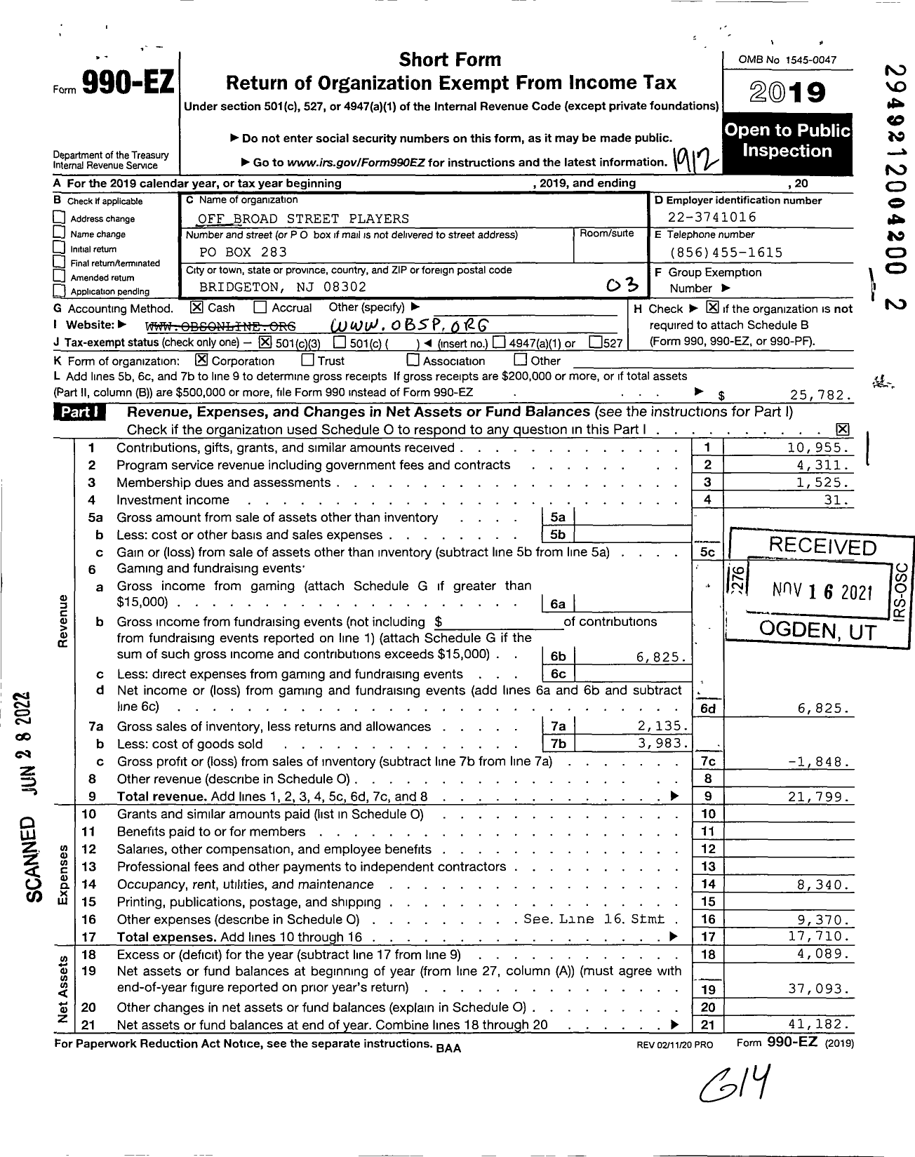 Image of first page of 2019 Form 990EZ for Off Broad Street Players